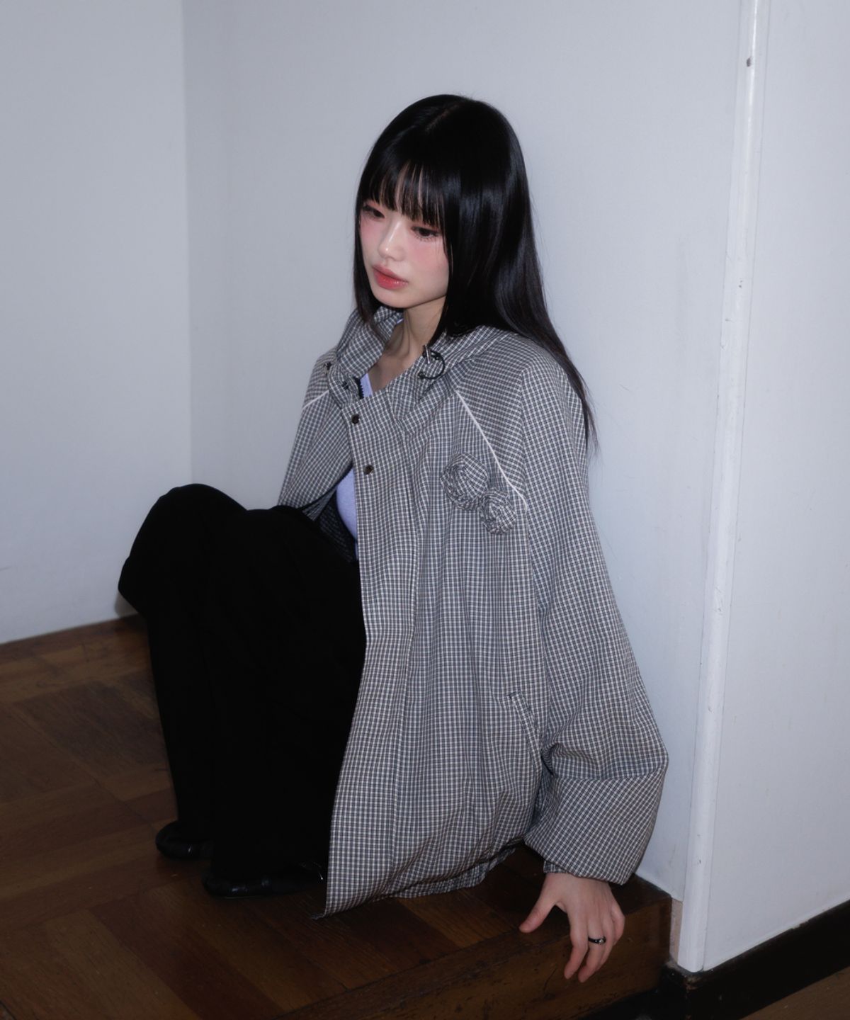 로제프란츠(ROSEFRANTZ) Rose Corsage Check Windbreaker [Black]