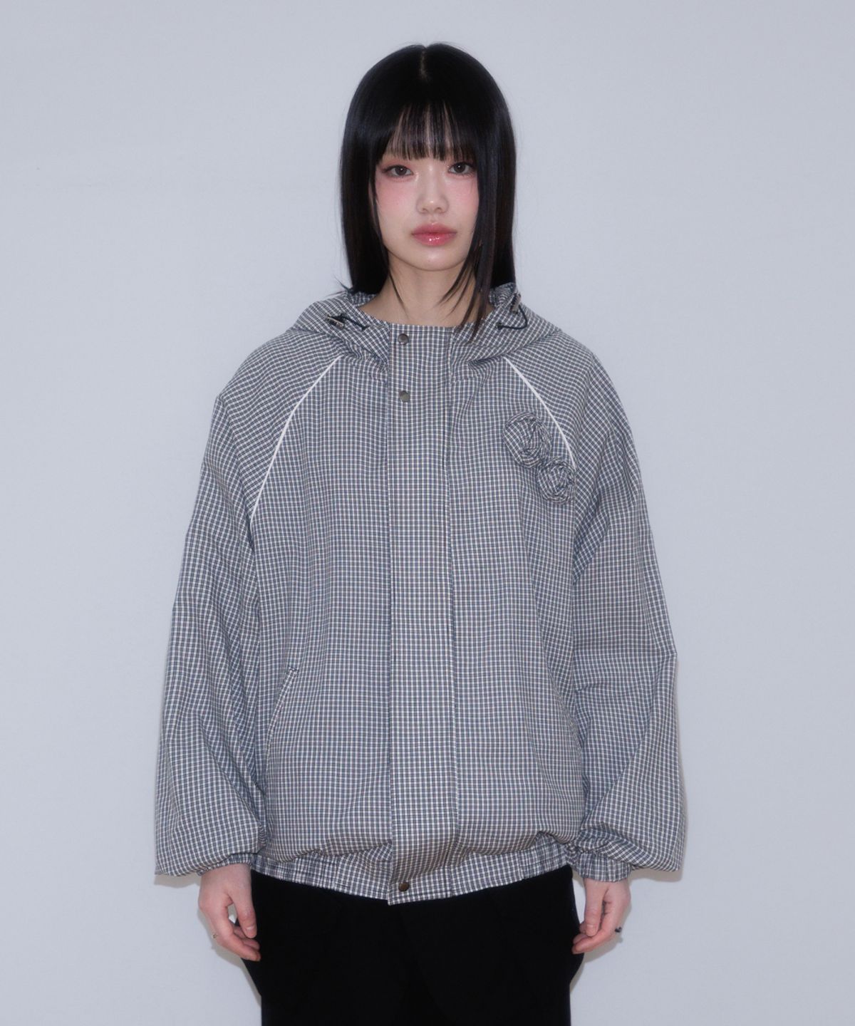 로제프란츠(ROSEFRANTZ) Rose Corsage Check Windbreaker [Black]