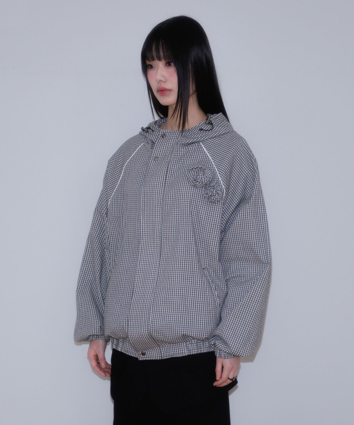 로제프란츠(ROSEFRANTZ) Rose Corsage Check Windbreaker [Black]
