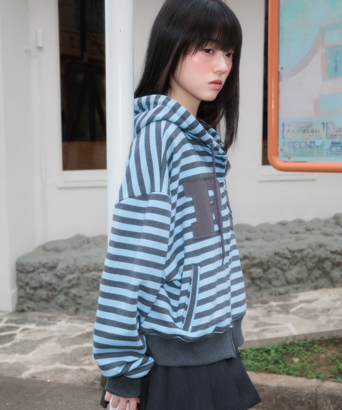 로제프란츠(ROSEFRANTZ) Patch Stripe Hood Zip-Up [Sky Blue]