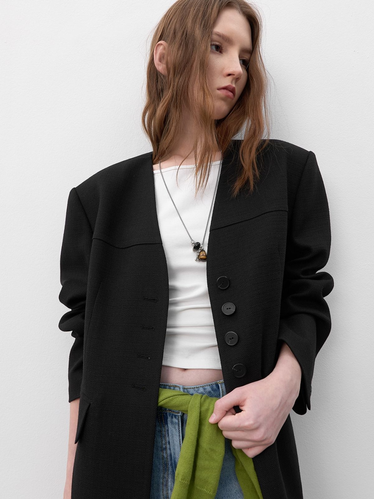 아틀리에 나인(ATELIER NAIN) COLLARLESS OVERSIZED TWEED JACKET (JK-3060)