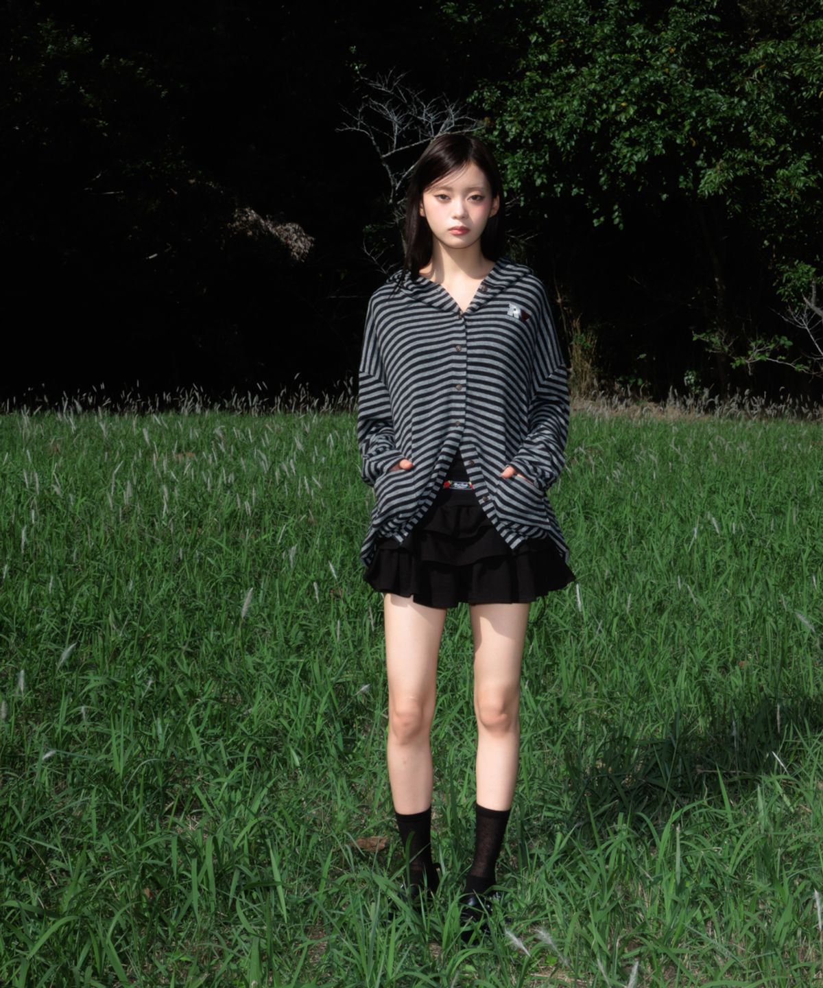 로제프란츠(ROSEFRANTZ) Stripe Heart Hood Cardigan [Black]