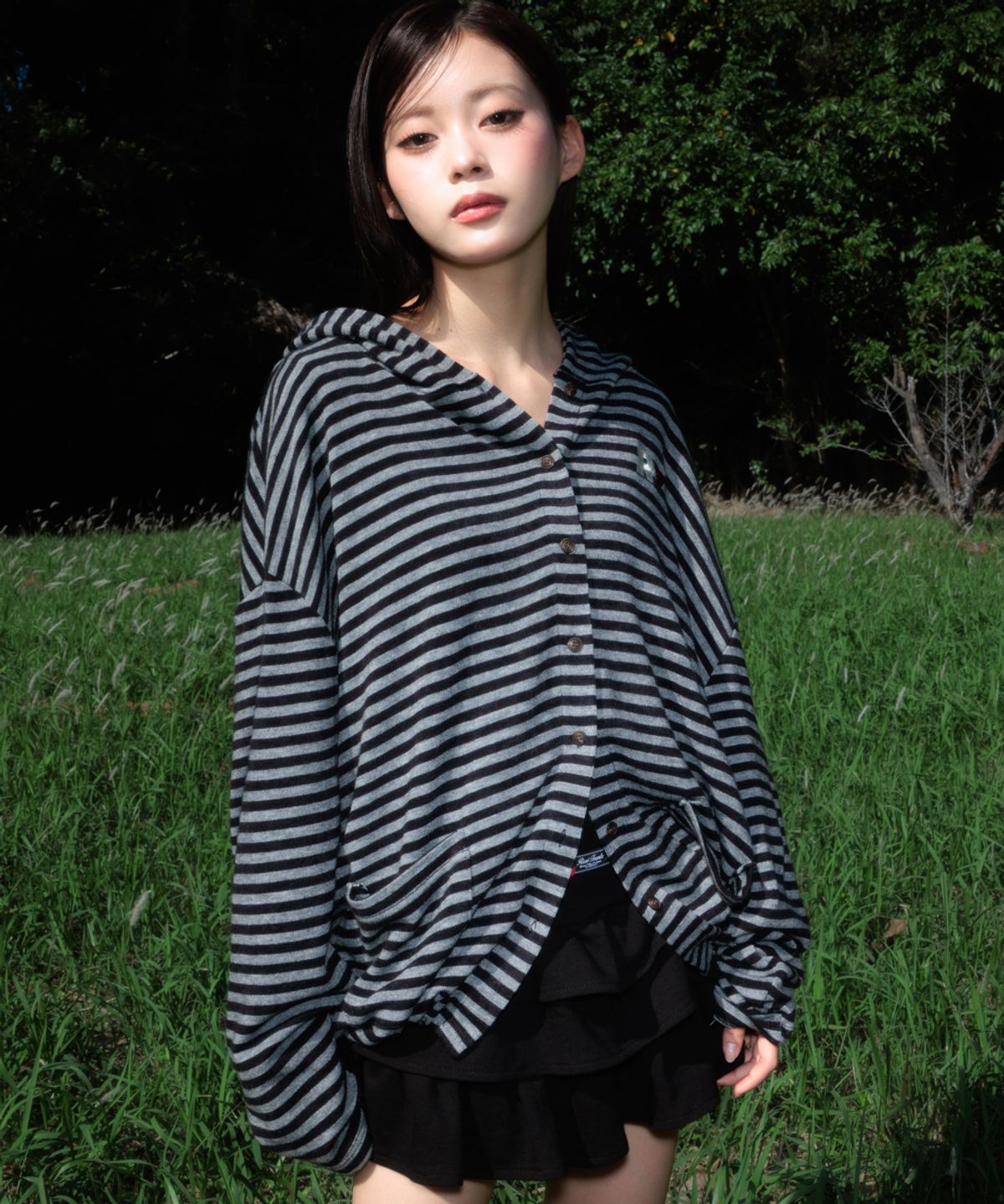로제프란츠(ROSEFRANTZ) Stripe Heart Hood Cardigan [Black]