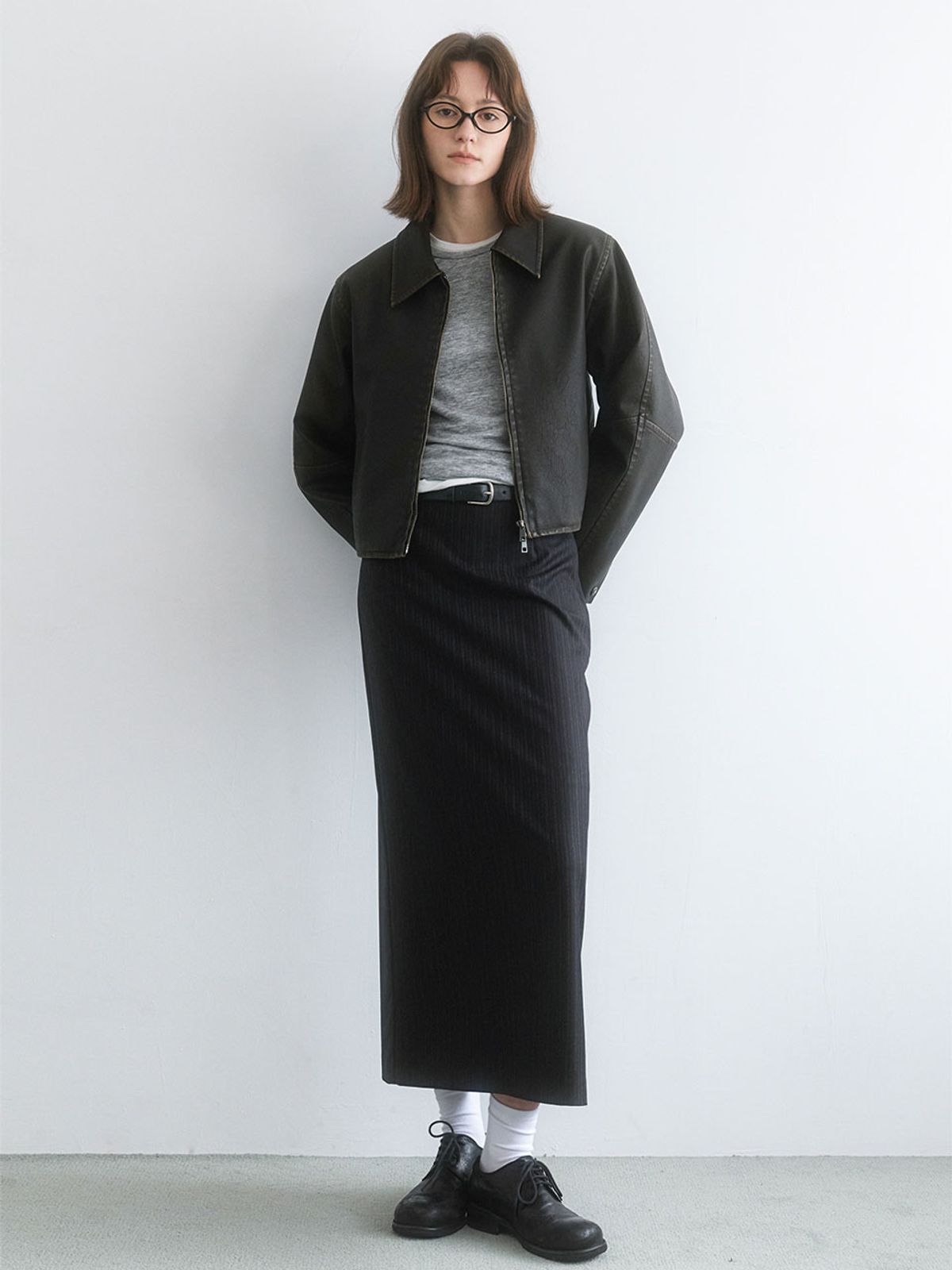 아틀리에 나인(ATELIER NAIN) LINE BRUSHED LEATHER CROP JACKET (JK-3068)