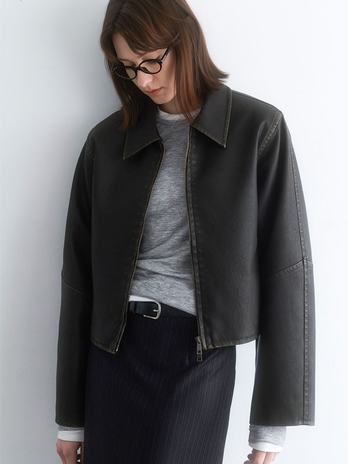 아틀리에 나인(ATELIER NAIN) LINE BRUSHED LEATHER CROP JACKET (JK-3068)