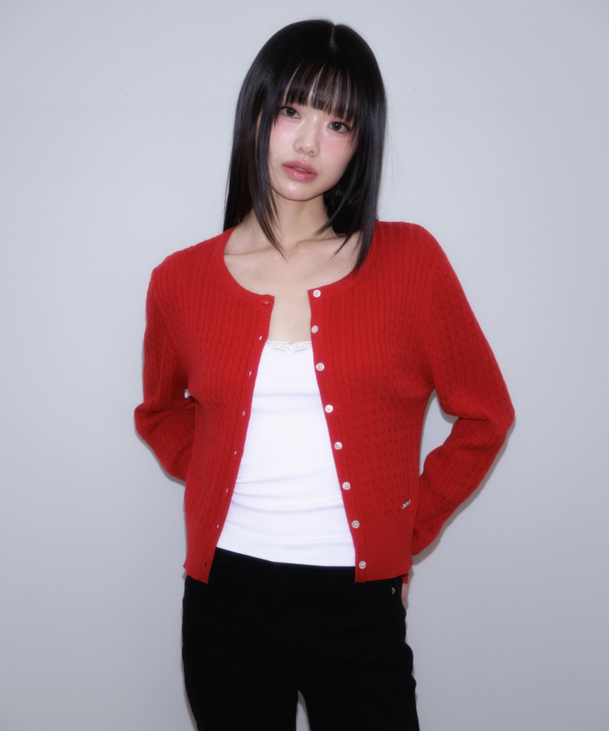 로제프란츠(ROSEFRANTZ) Cable Knit Basic Cardigan [Rose Red]
