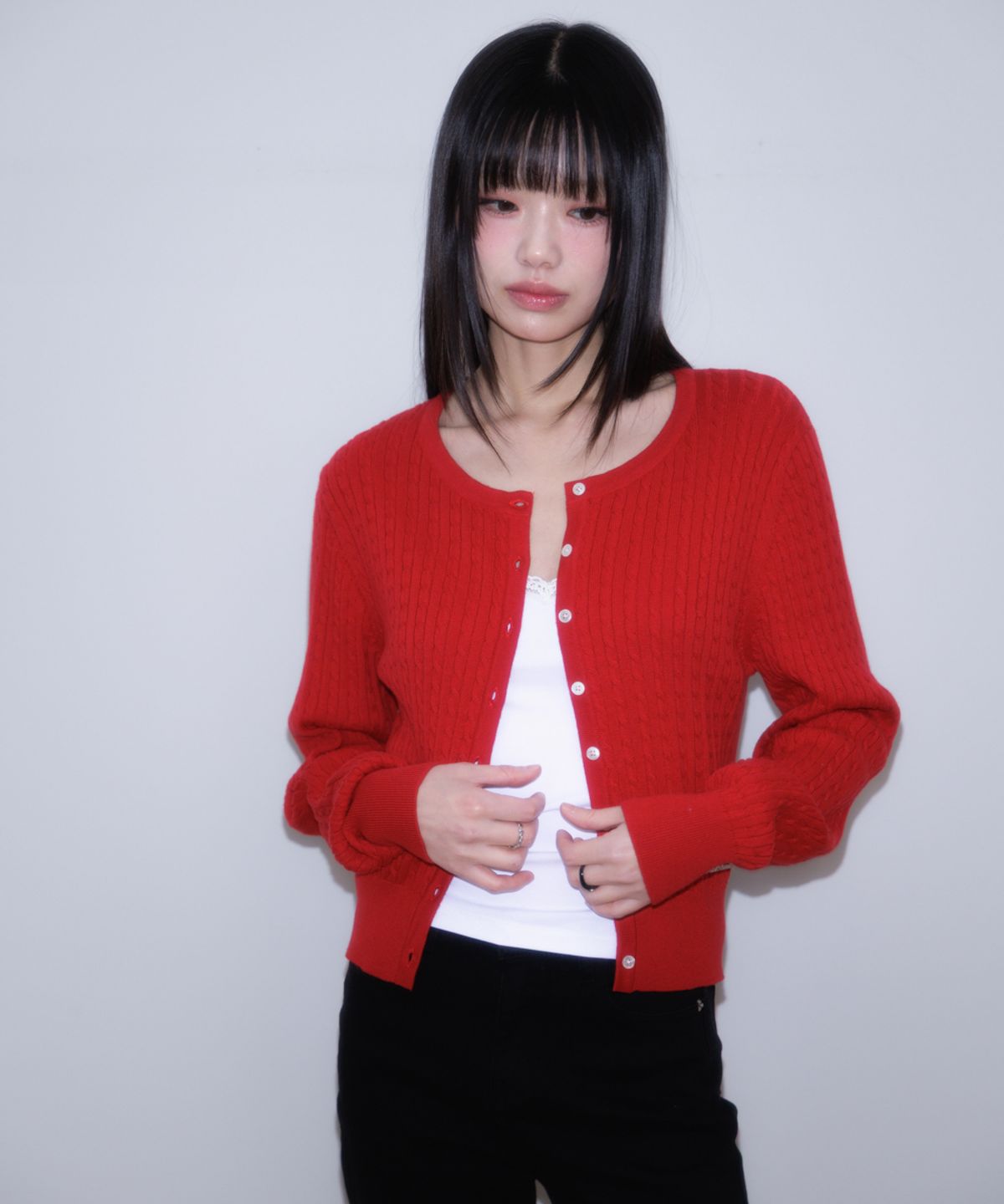 로제프란츠(ROSEFRANTZ) Cable Knit Basic Cardigan [Rose Red]