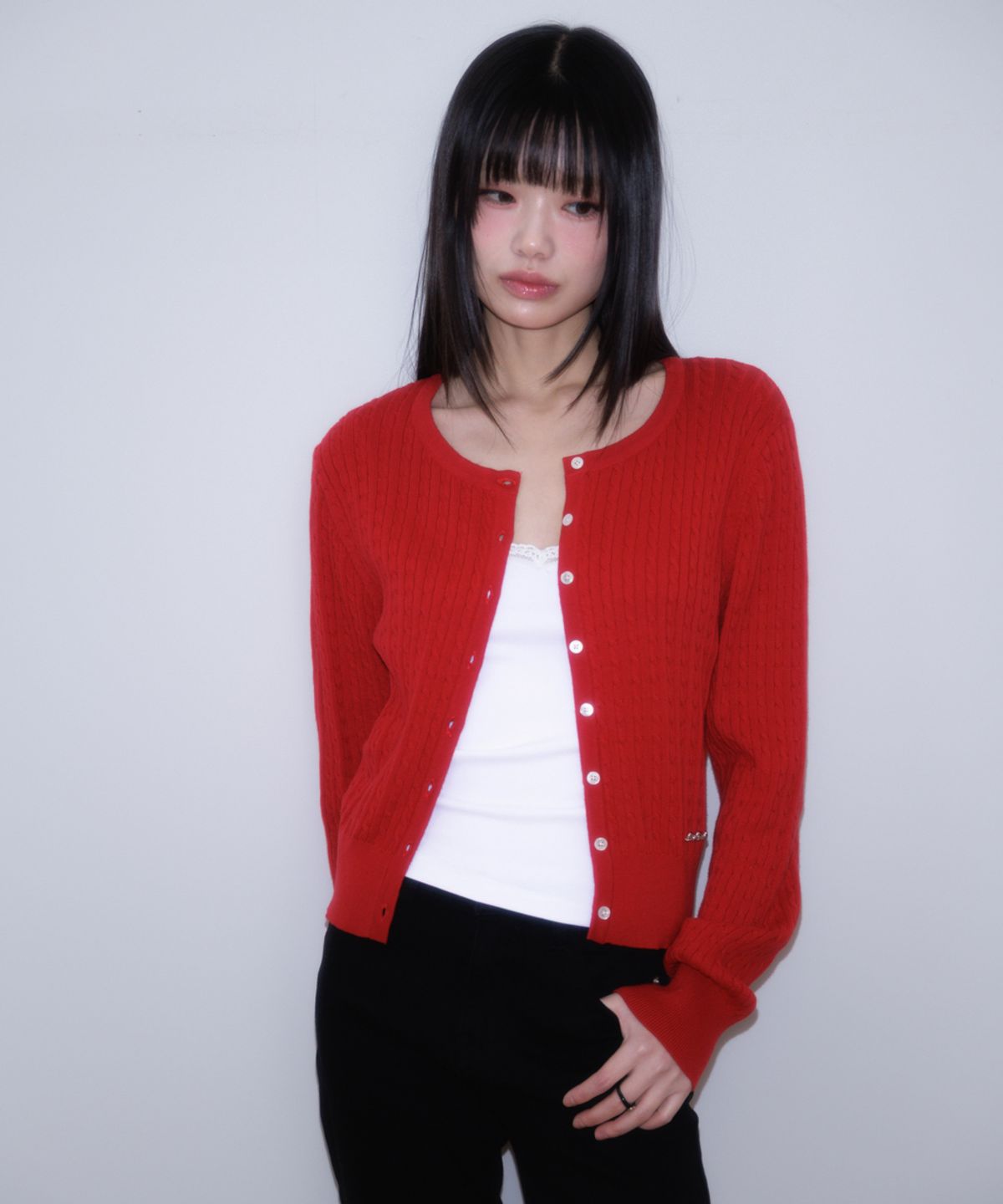 로제프란츠(ROSEFRANTZ) Cable Knit Basic Cardigan [Rose Red]