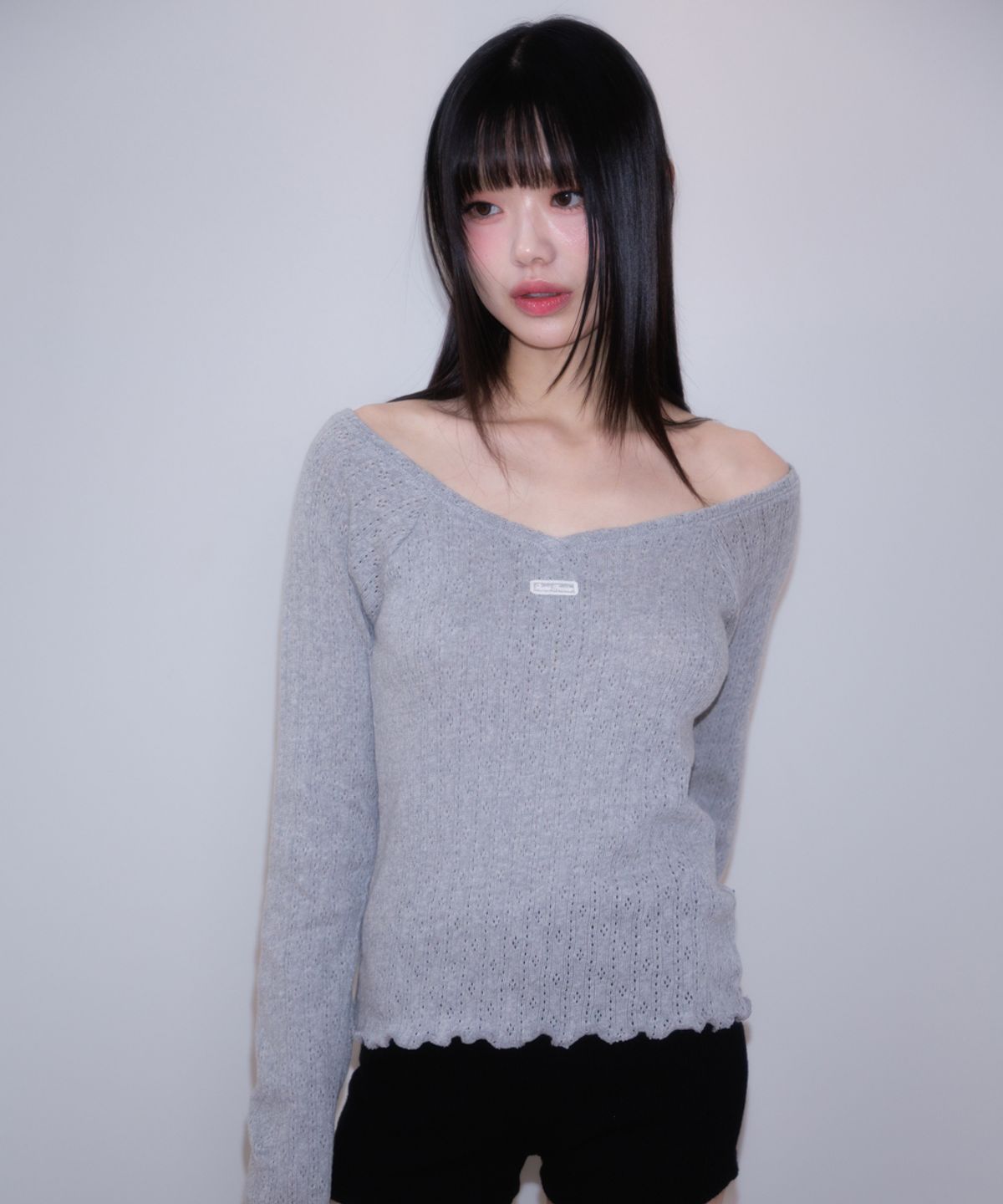 로제프란츠(ROSEFRANTZ) Lace Label V-Neck Long Sleeve [Gray]