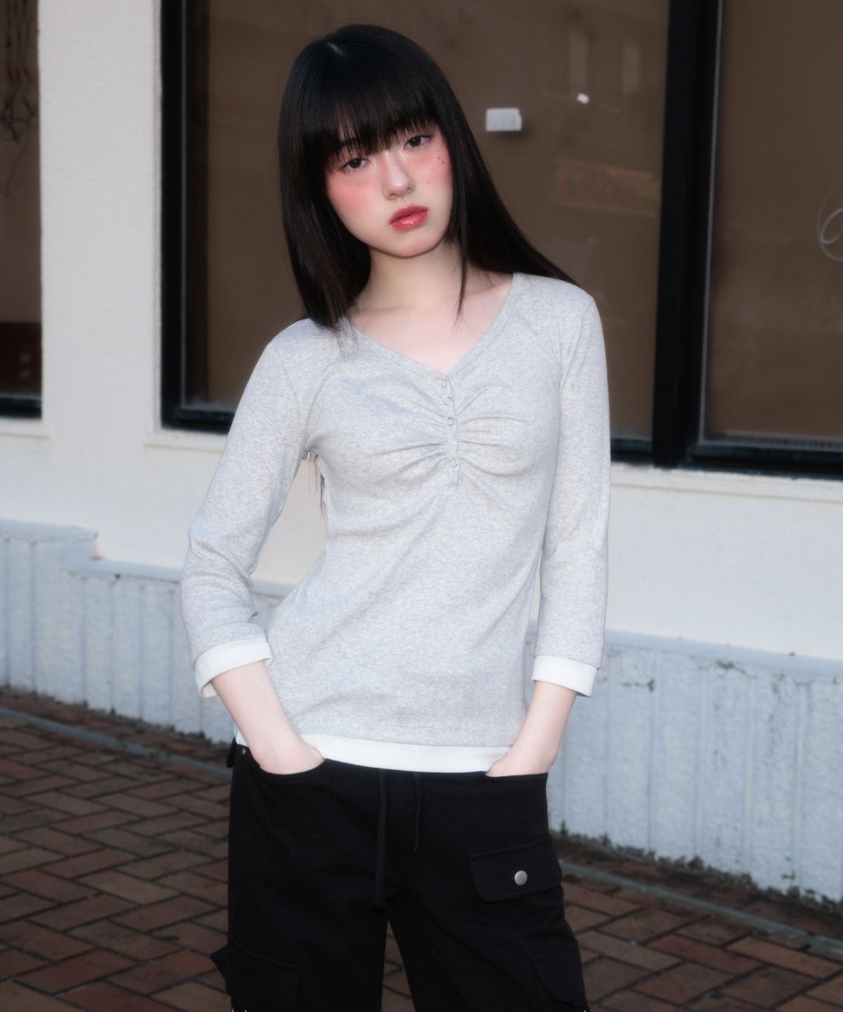 로제프란츠(ROSEFRANTZ) Shirring Button Layered Long Sleeve [White Melange]