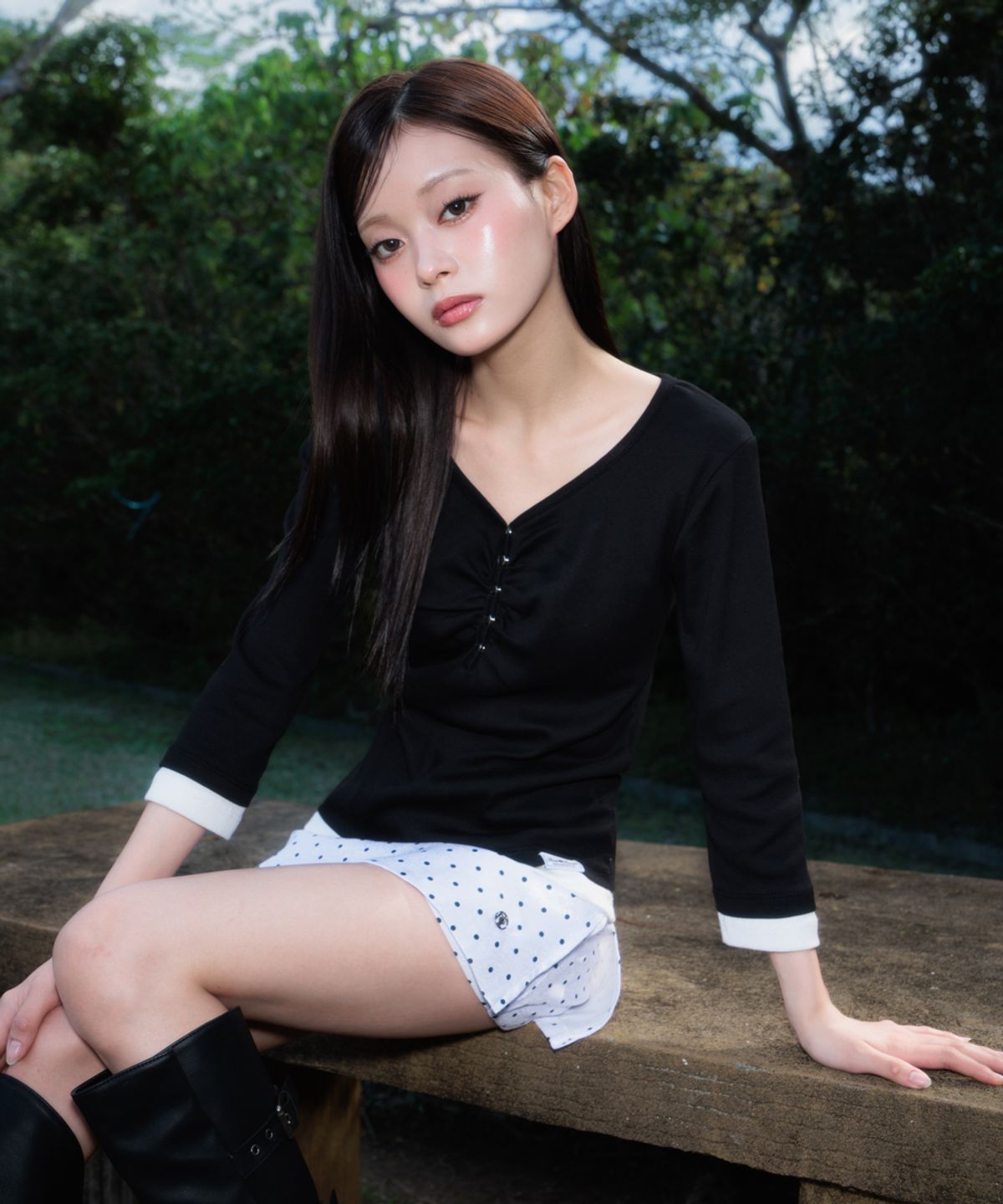 로제프란츠(ROSEFRANTZ) Shirring Button Layered Long Sleeve [Black]