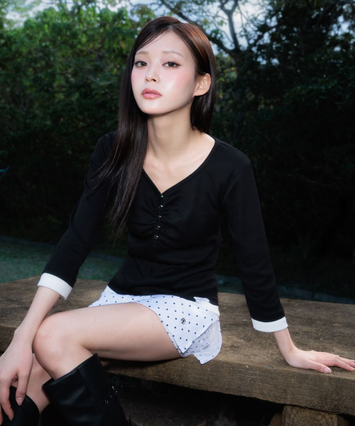 로제프란츠(ROSEFRANTZ) Shirring Button Layered Long Sleeve [Black]
