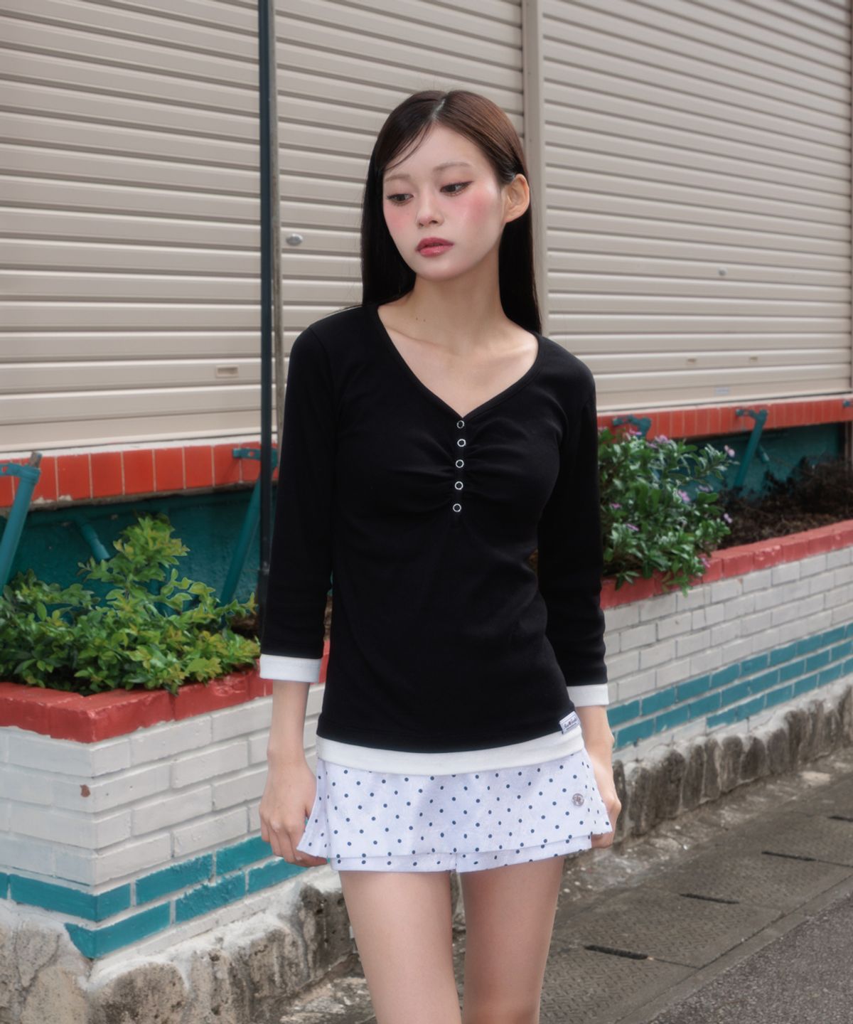로제프란츠(ROSEFRANTZ) Shirring Button Layered Long Sleeve [Black]