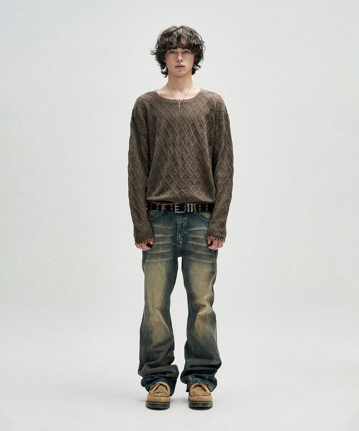 낫포너드(NOT4NERD) Warped Seam Flare Fit Denim Pants - Deep Blue