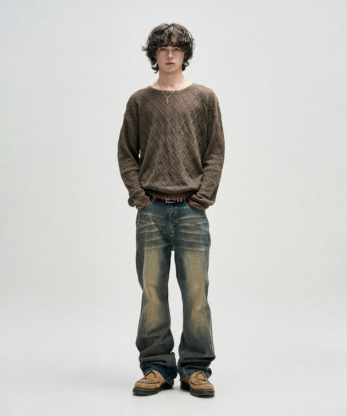낫포너드(NOT4NERD) Warped Seam Flare Fit Denim Pants - Deep Blue