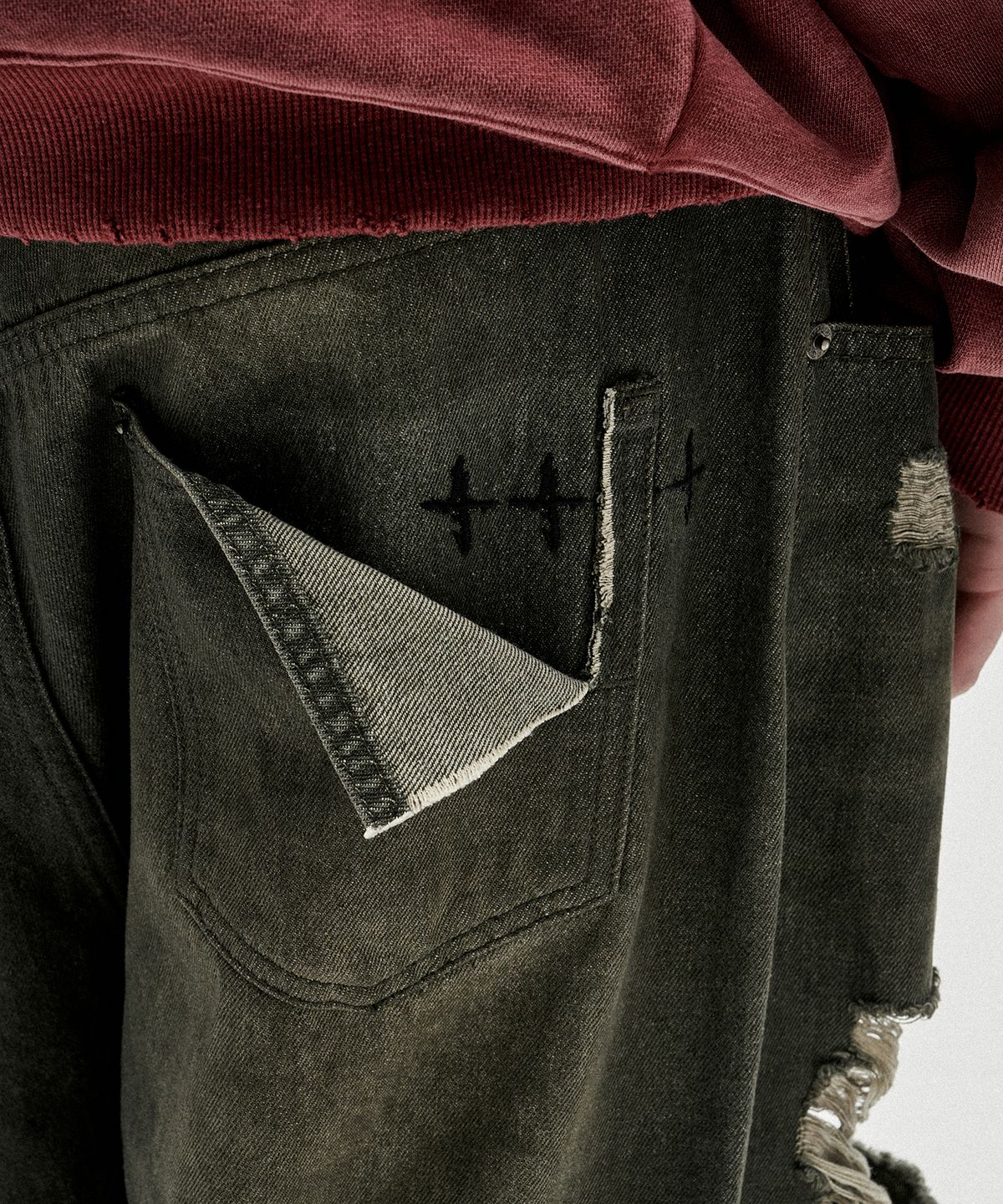 낫포너드(NOT4NERD) Hidden Symbol Distressed Denim Pants - Khaki