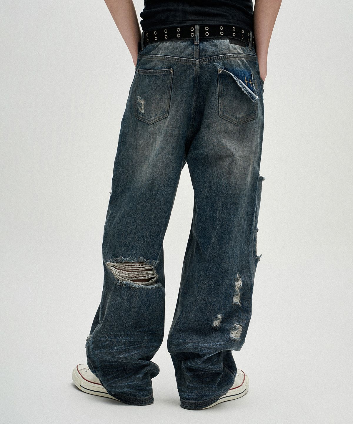 낫포너드(NOT4NERD) Hidden Symbol Distressed Denim Pants - Deep Blue