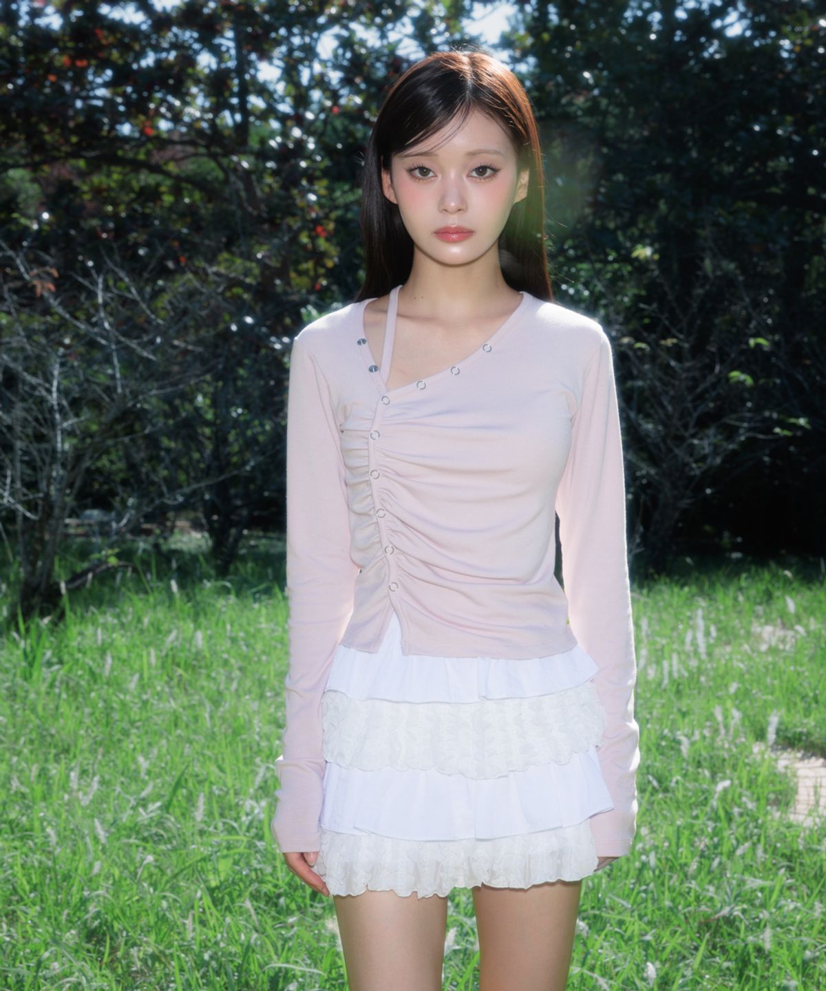 로제프란츠(ROSEFRANTZ) Unbalanced Shirring Long Sleeve [Pink]