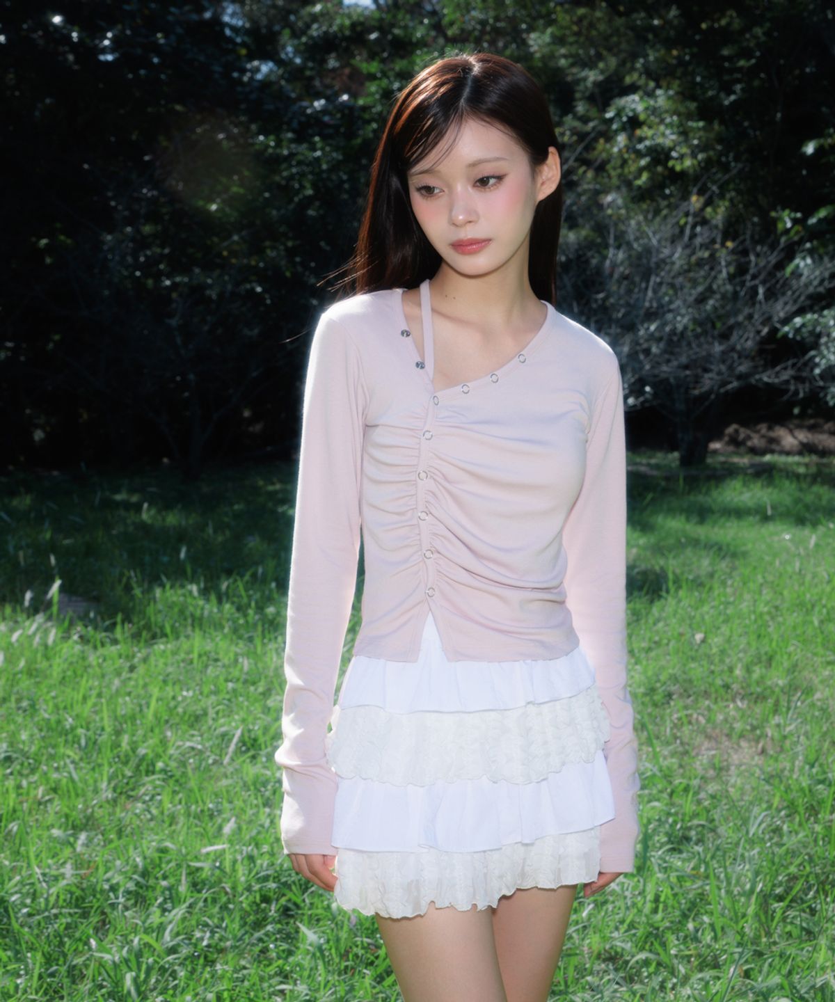 로제프란츠(ROSEFRANTZ) Unbalanced Shirring Long Sleeve [Pink]