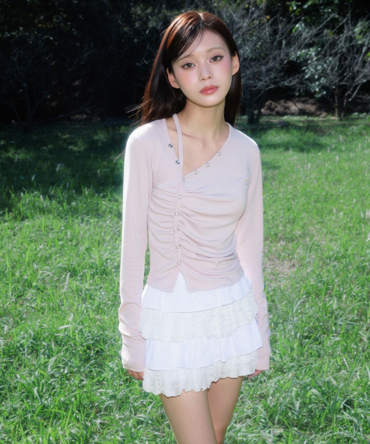 로제프란츠(ROSEFRANTZ) Unbalanced Shirring Long Sleeve [Pink]