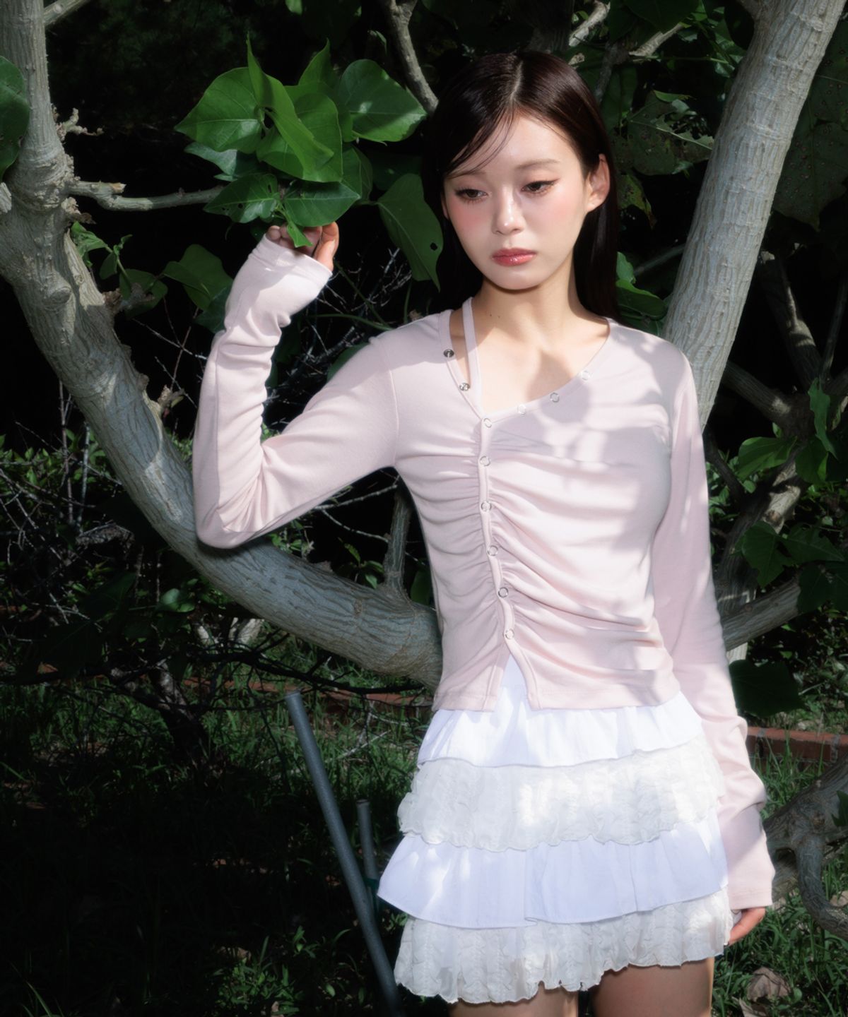 로제프란츠(ROSEFRANTZ) Unbalanced Shirring Long Sleeve [Pink]