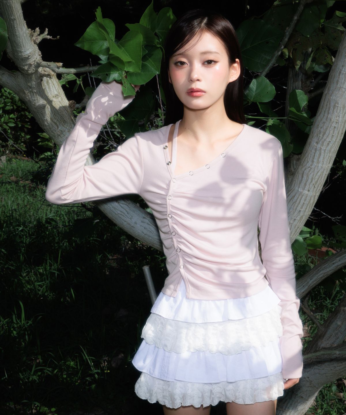 로제프란츠(ROSEFRANTZ) Unbalanced Shirring Long Sleeve [Pink]