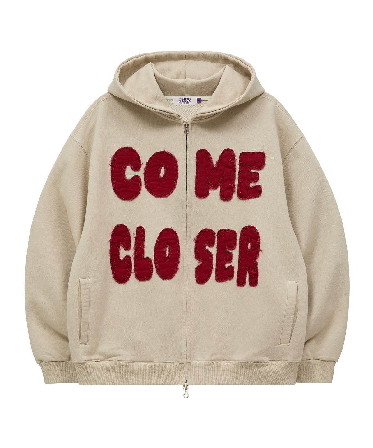 후드후드(HOODHOOD) COME CLOSER 아플리케 후드 집업 베이지