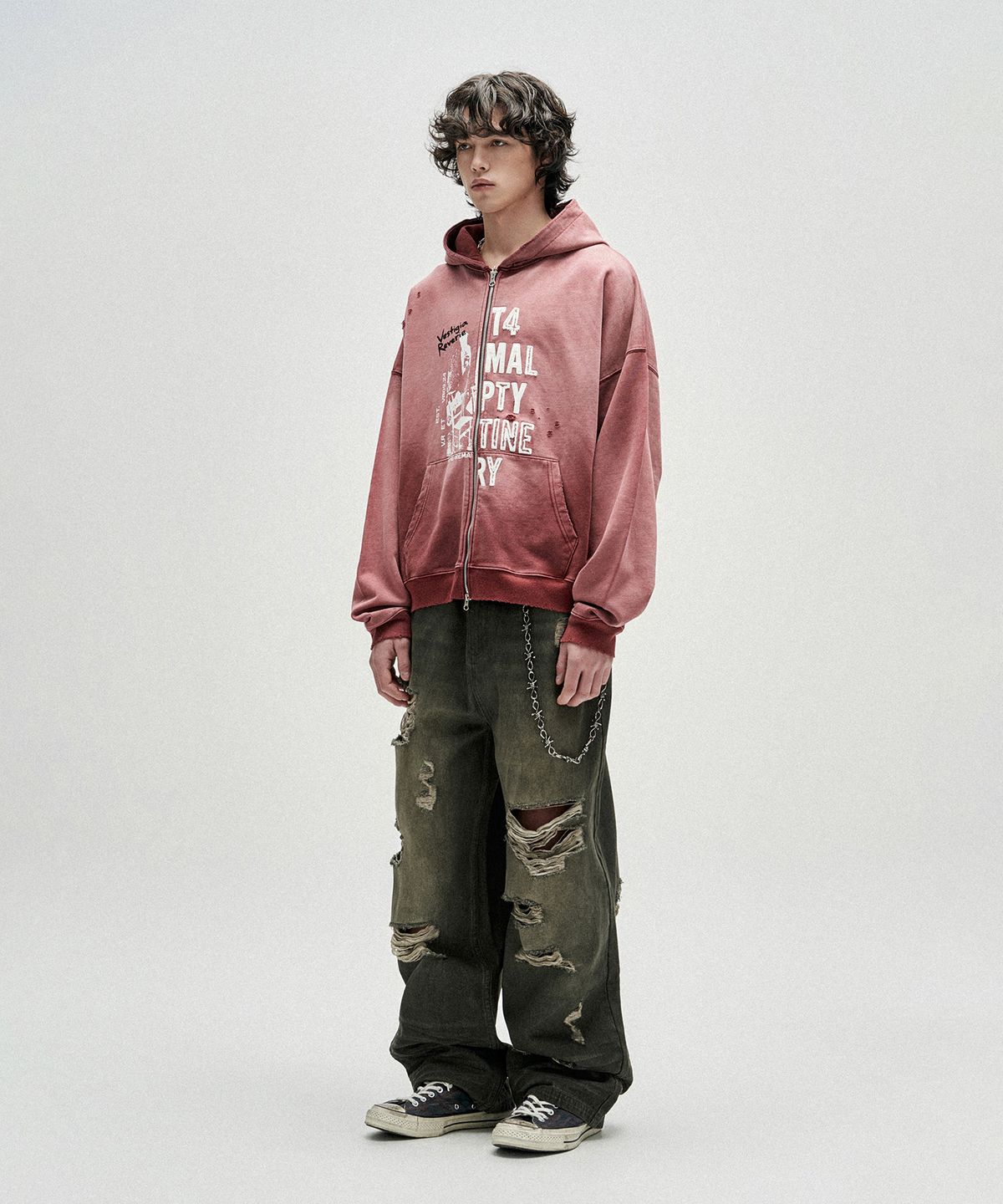 낫포너드(NOT4NERD) Distressed Half Slogans Hood Zip Up - Red