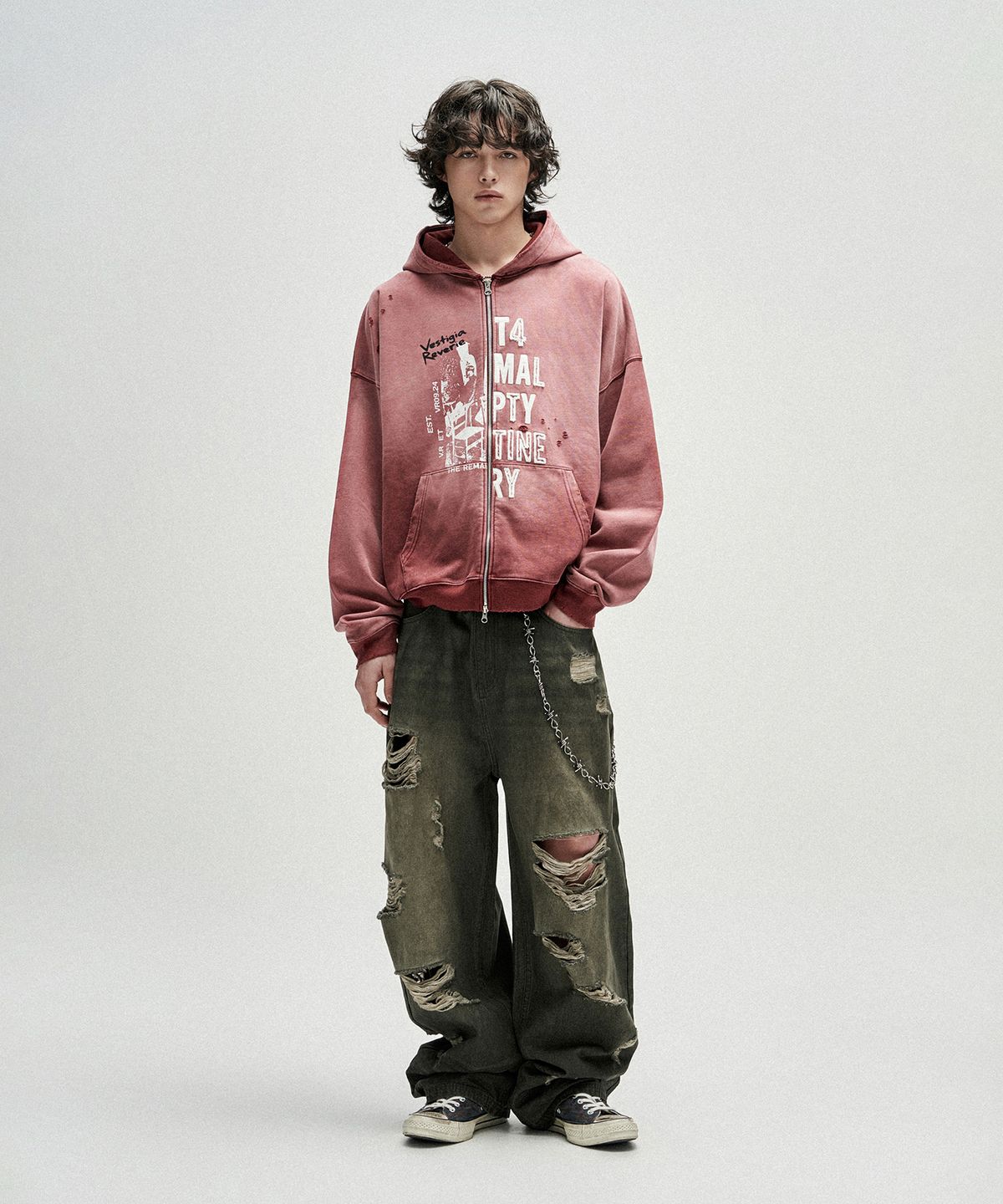 낫포너드(NOT4NERD) Distressed Half Slogans Hood Zip Up - Red