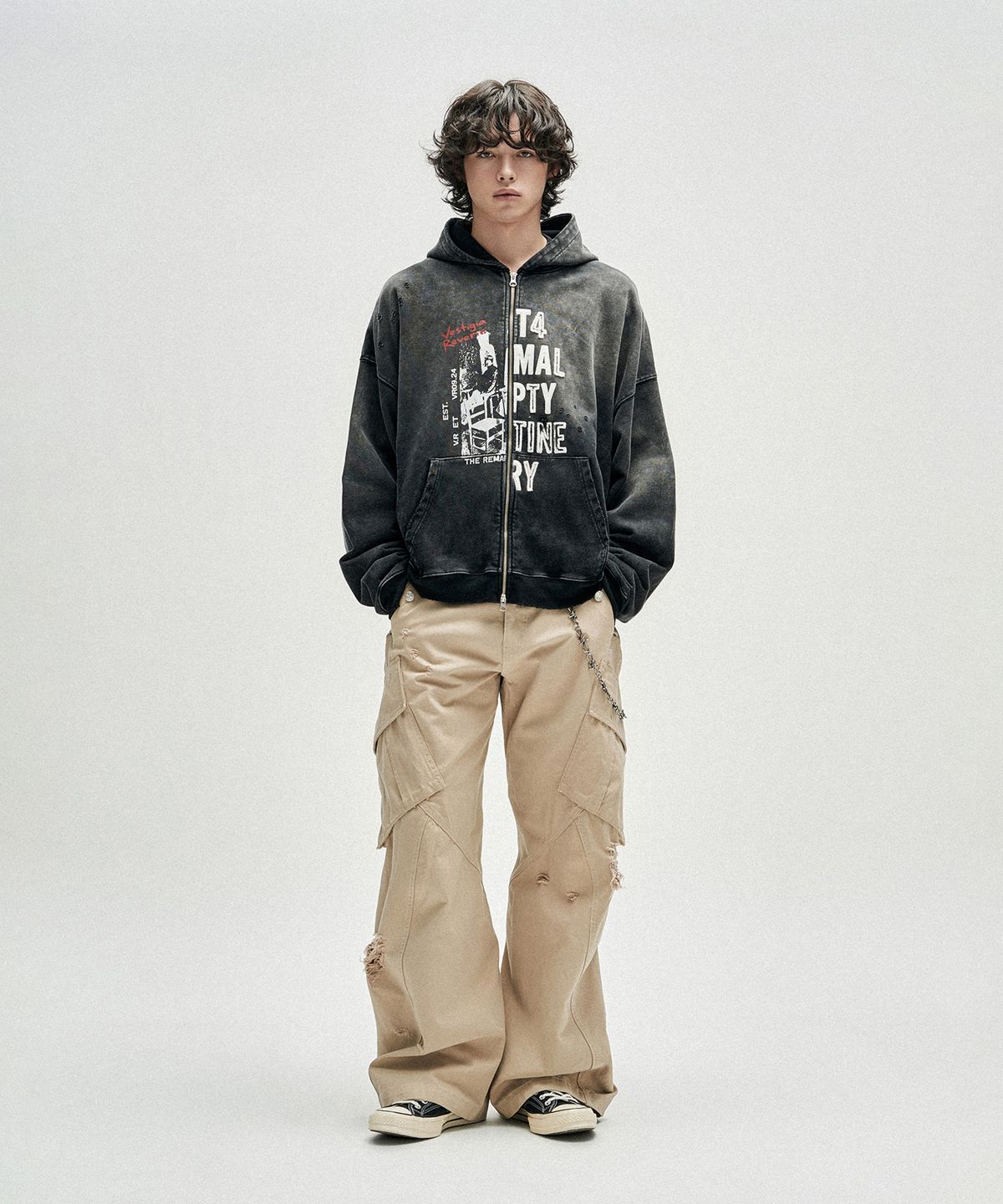 낫포너드(NOT4NERD) Distressed Half Slogans Hood Zip Up - Black