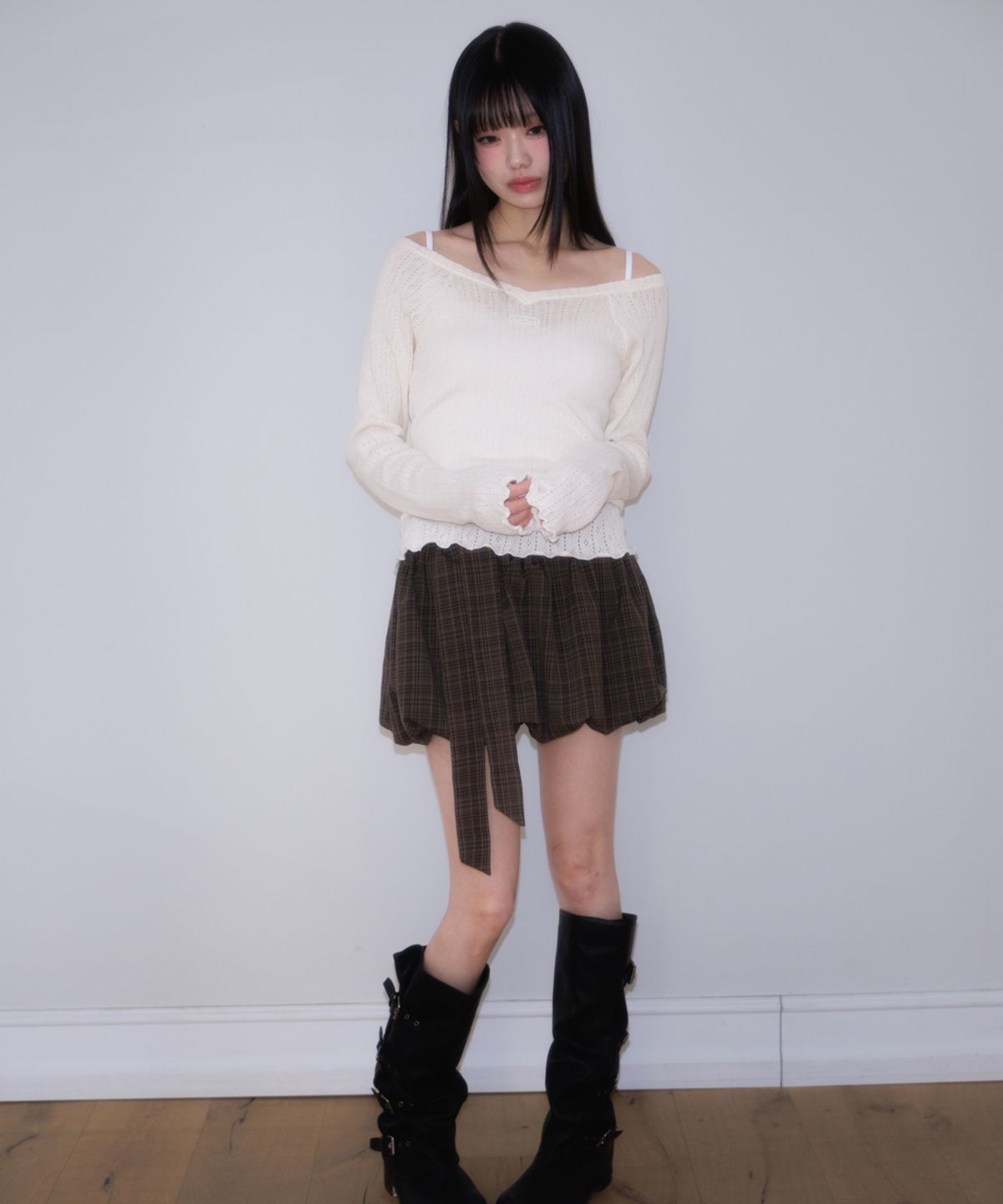 로제프란츠(ROSEFRANTZ) Balloon Check Belted Miniskirt [Brown]