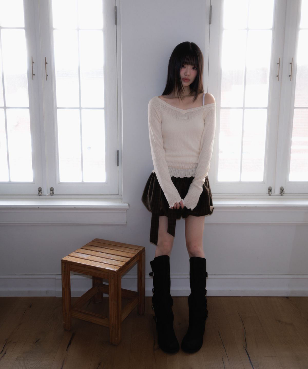 로제프란츠(ROSEFRANTZ) Balloon Check Belted Miniskirt [Brown]