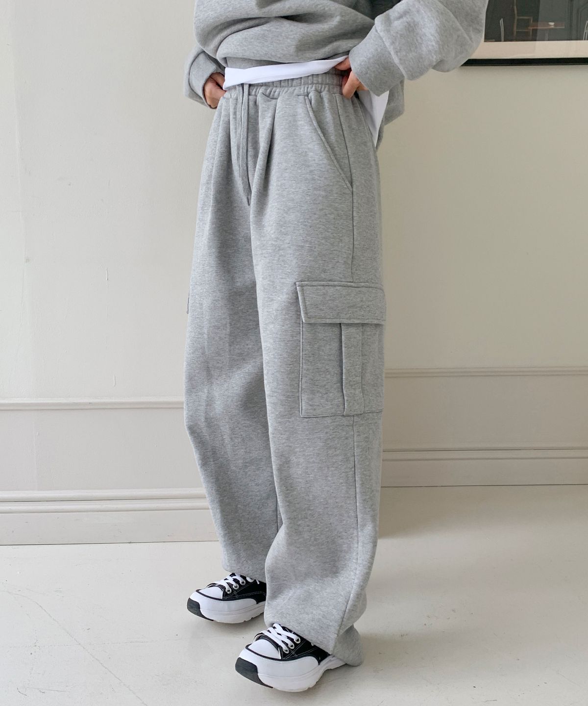 락트개러지(ROCKED GARAGE) UNISEX 기모 트레이닝 와이드 카고 팬츠_그레이