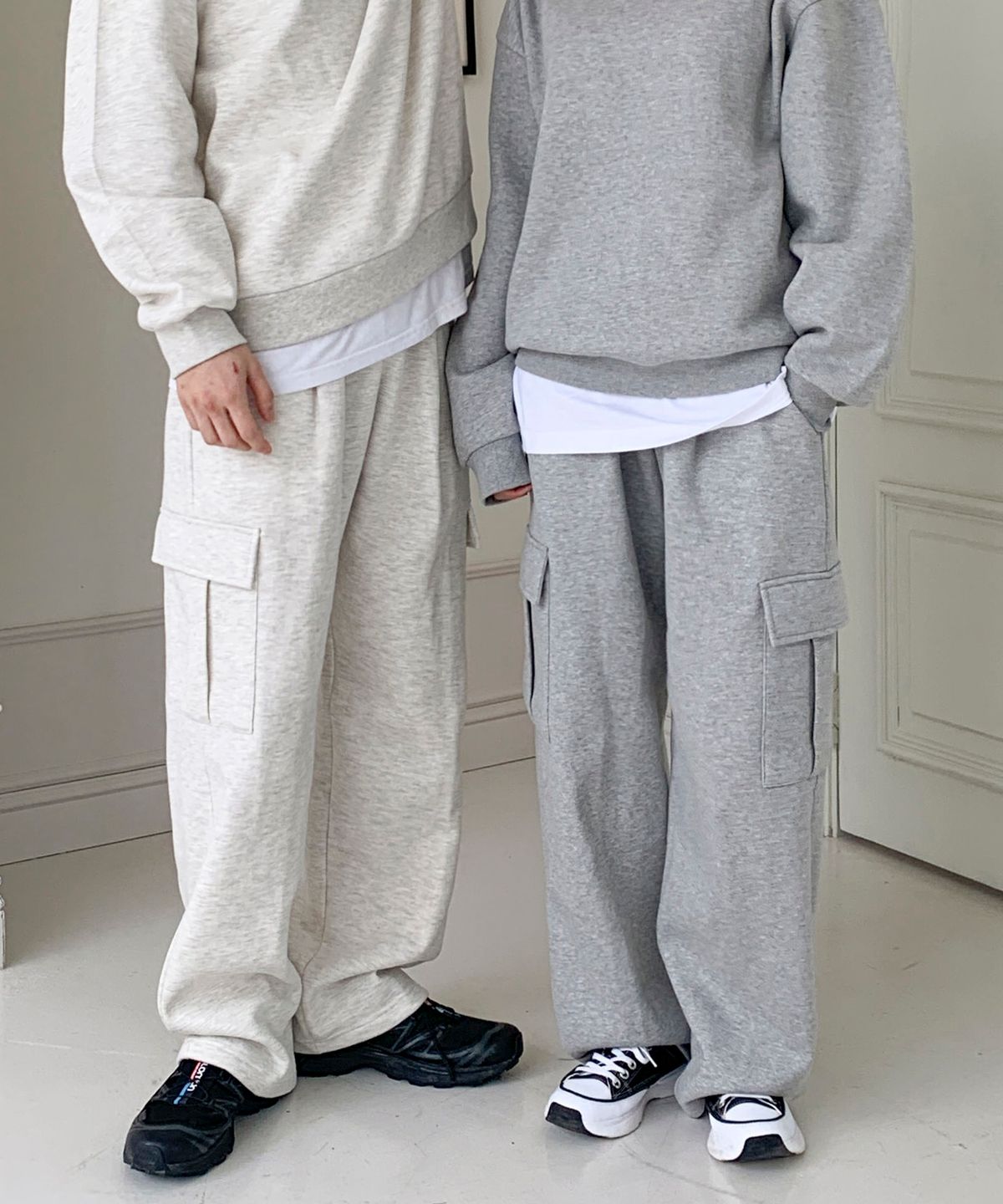 락트개러지(ROCKED GARAGE) UNISEX 기모 트레이닝 와이드 카고 팬츠_그레이