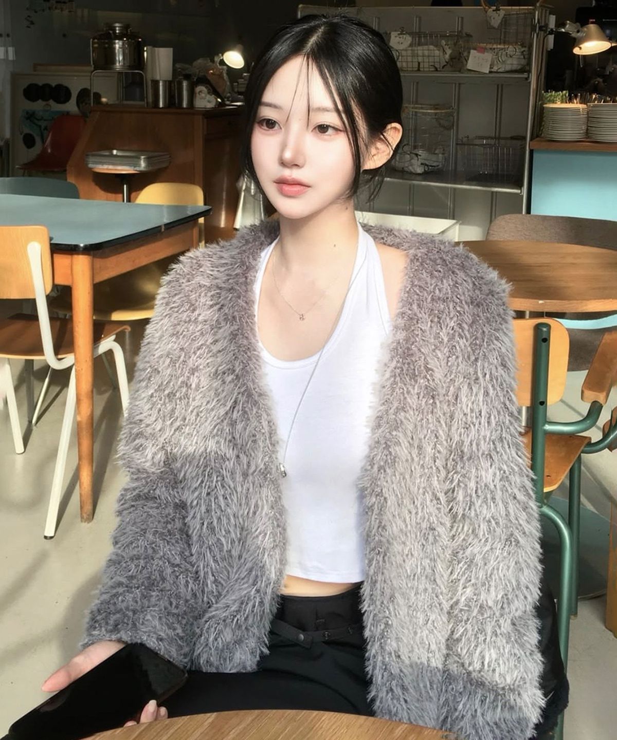 이네기(INEGI) Feather Fur Cardigan (grey)