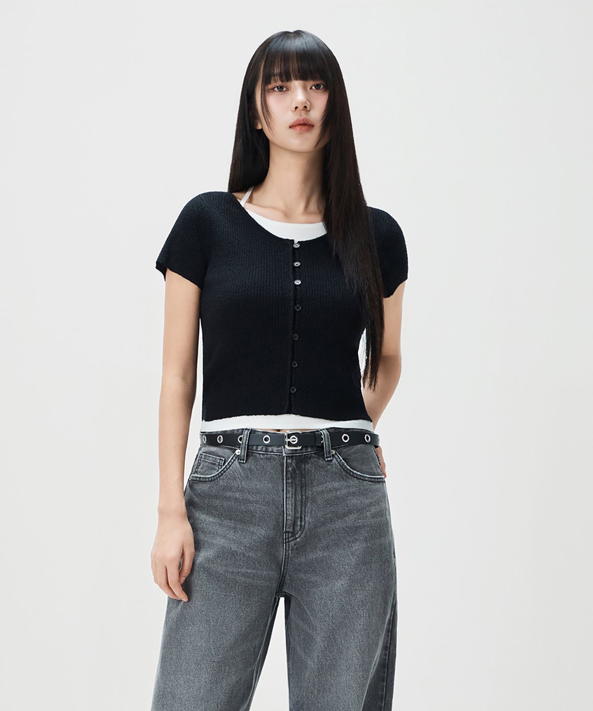 미쏘(MIXXO) 홀터넥 레이어드 반팔 가디건_MIWCKG420T