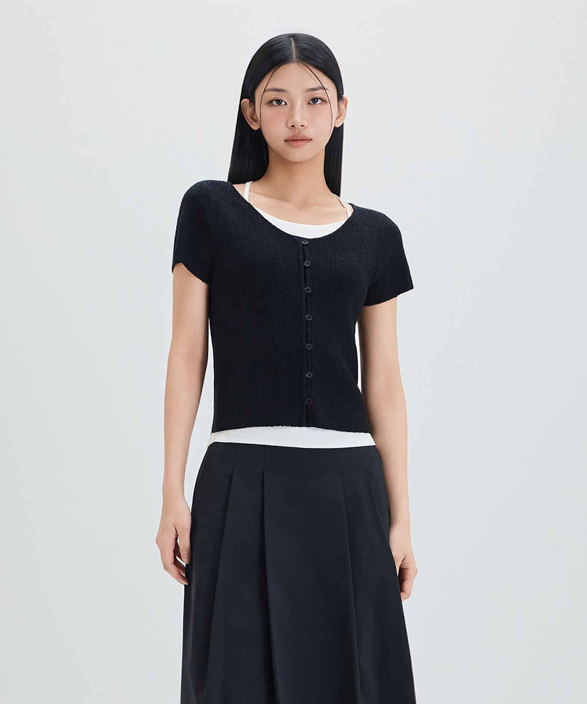 미쏘(MIXXO) 홀터넥 레이어드 반팔 가디건_MIWCKG420T