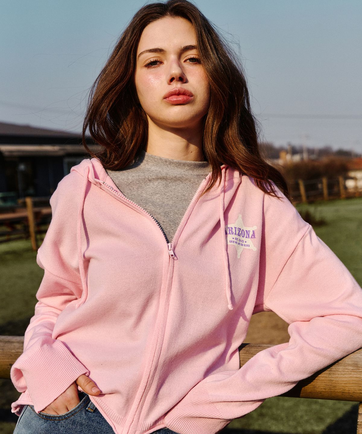 에르에르(ERER) Hooded Knit Zip-Up Pink