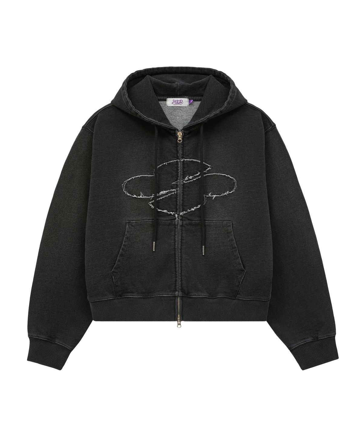 후드후드(HOODHOOD) 클로버 로고 아플리케 워싱 데님 후드 집업 블랙