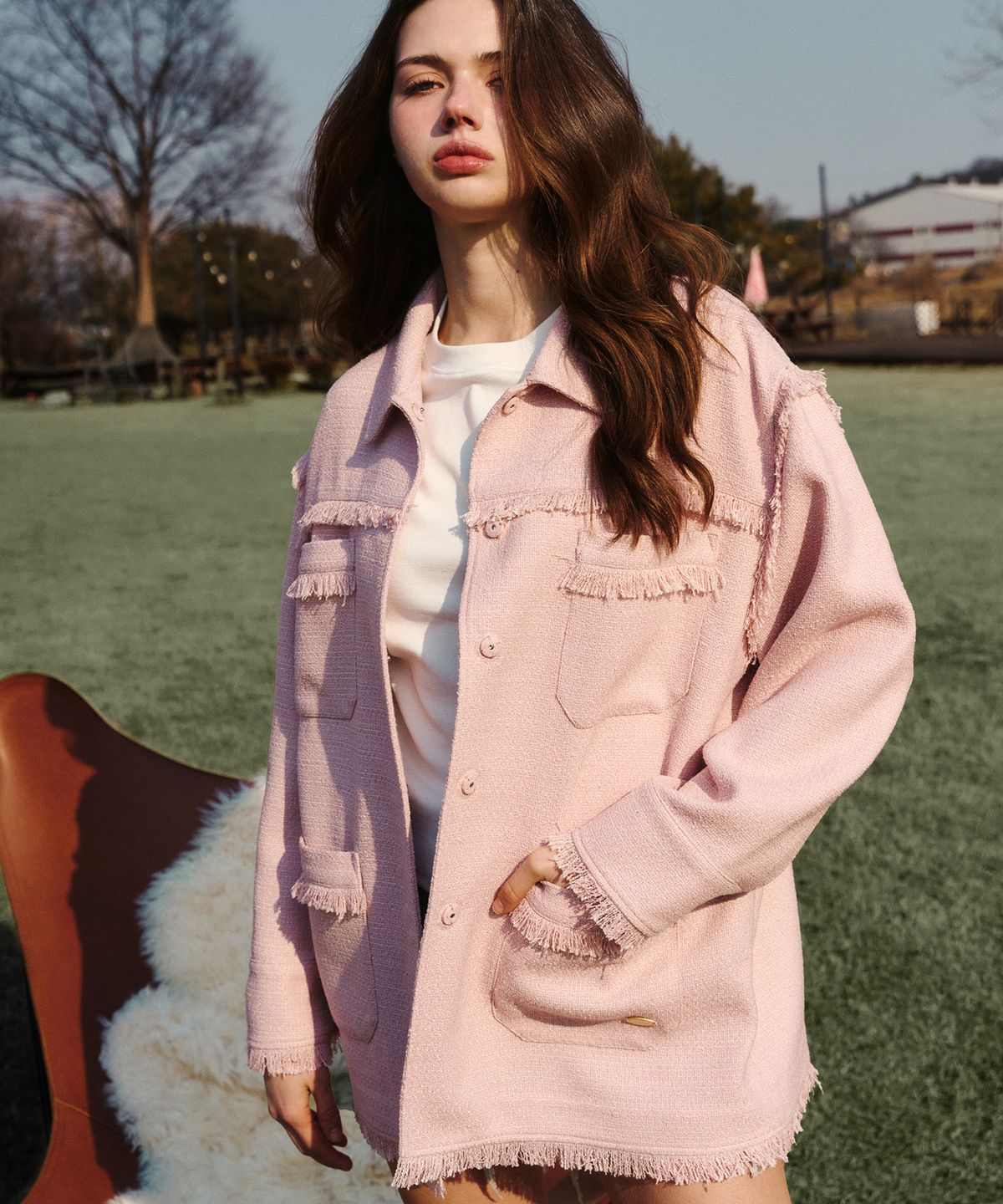 에르에르(ERER) Overfit Fringe Tweed Shirt Jacket Pink