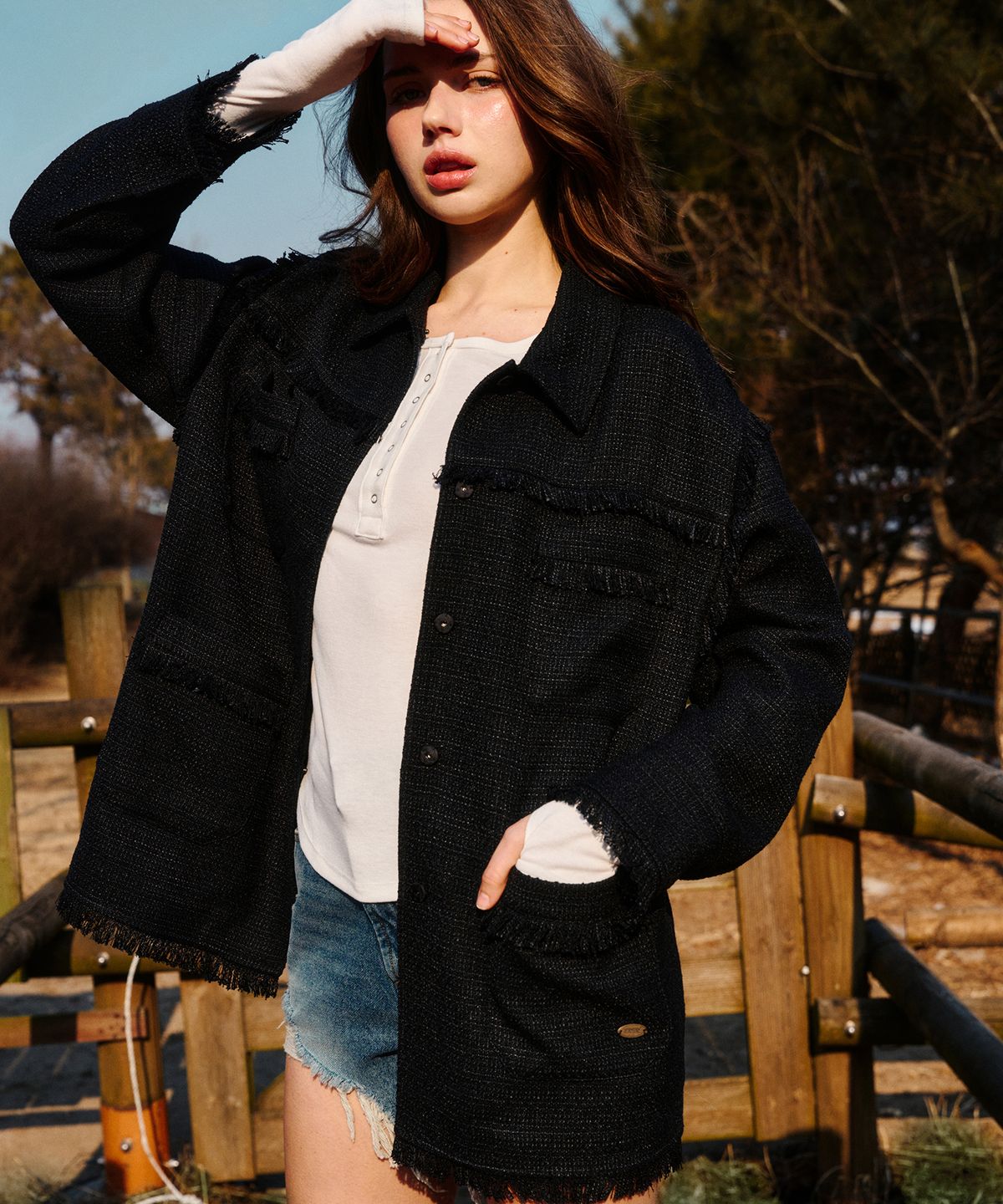 에르에르(ERER) Overfit Fringe Tweed Shirt Jacket Black
