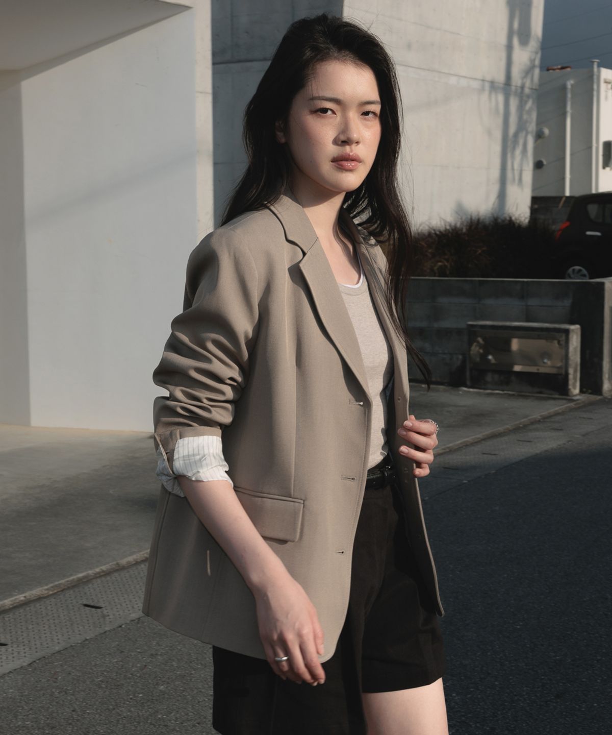 드헤베(DEHEVE) Hidden Stripe Single Jacket [Beige]