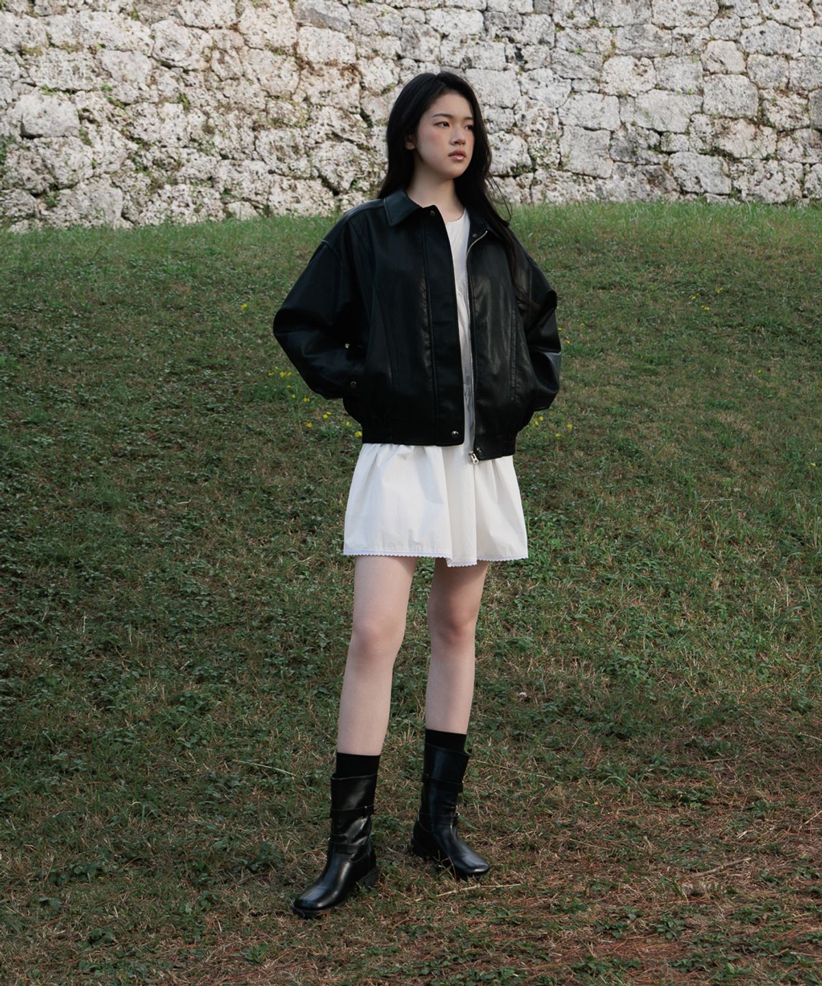 드헤베(DEHEVE) Back Logo Leather Jacket [Black]