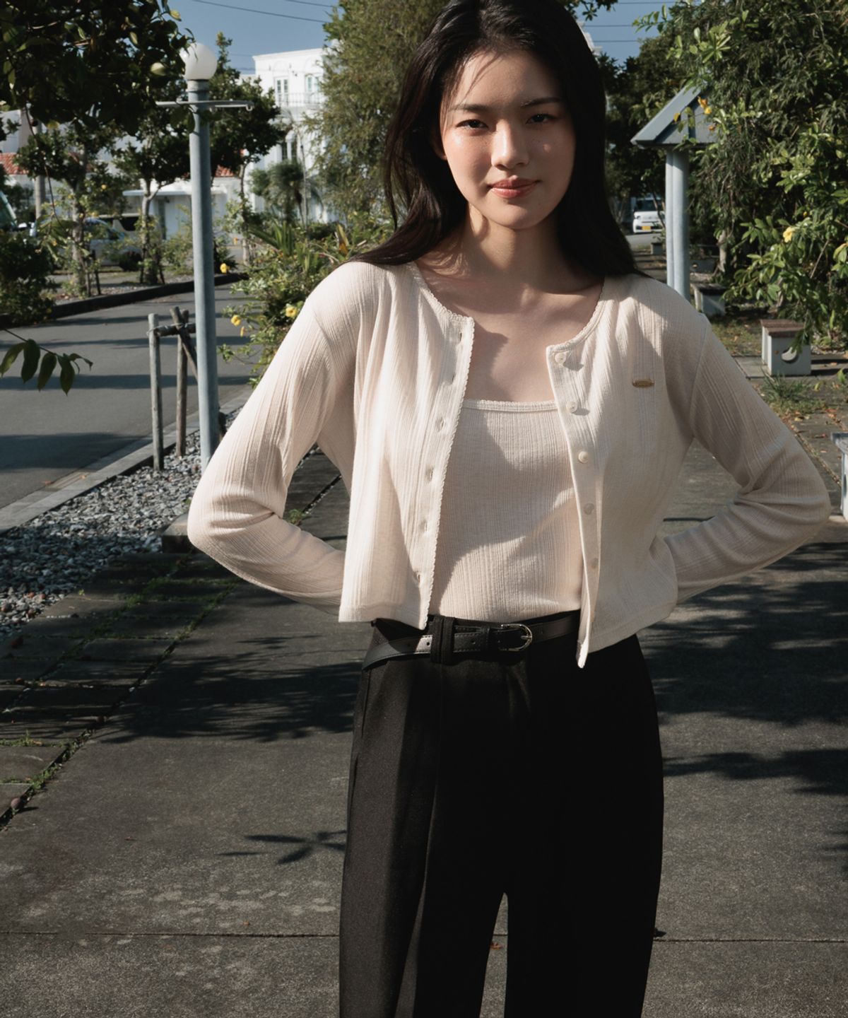 드헤베(DEHEVE) Lace Sleeveless Cardigan Set [Oatmeal]
