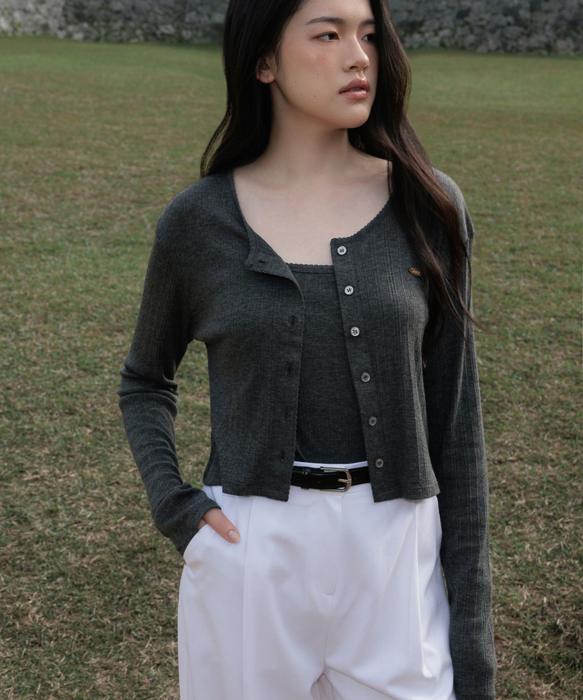 드헤베(DEHEVE) Lace Sleeveless Cardigan Set [Charcoal]