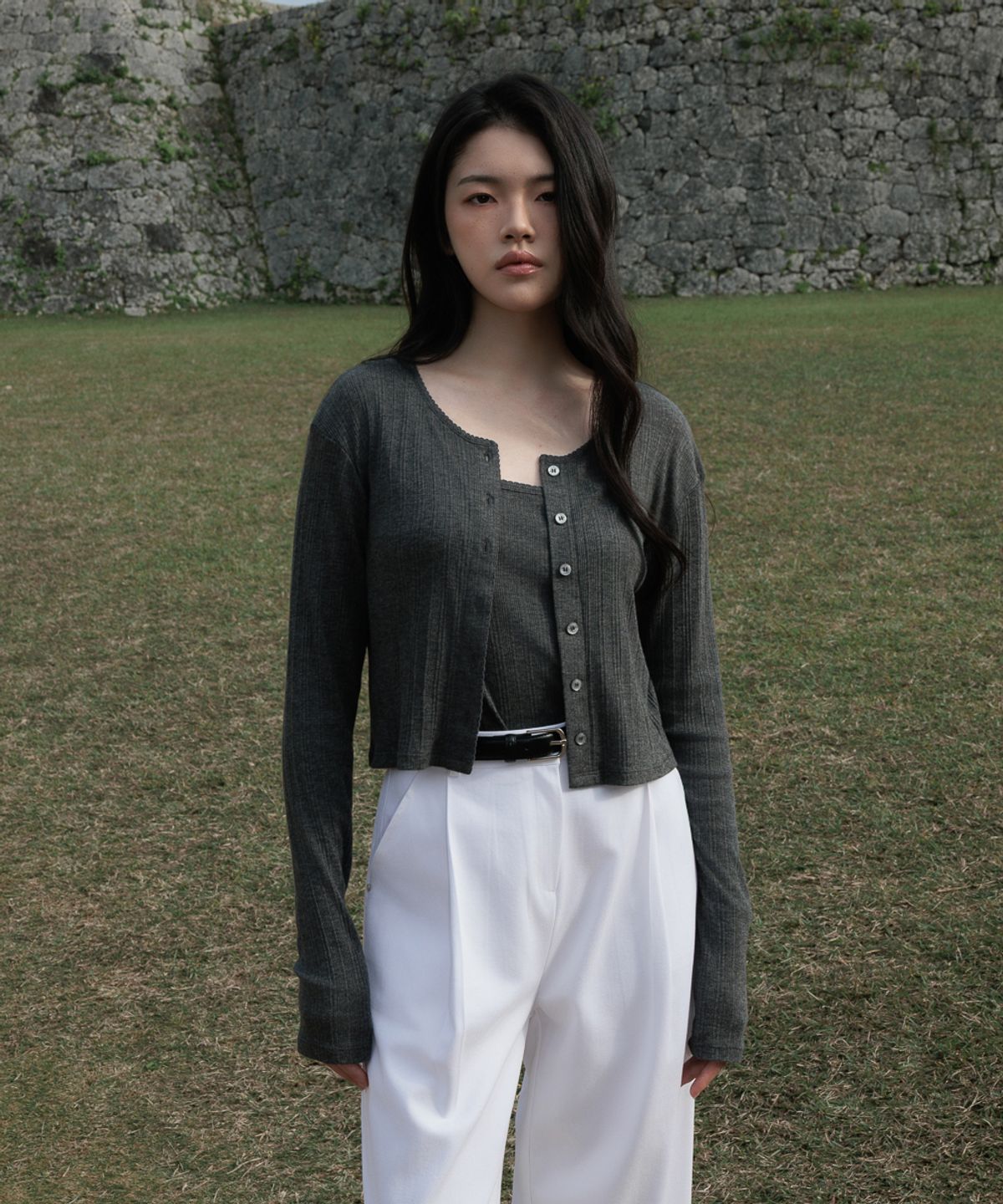 드헤베(DEHEVE) Lace Sleeveless Cardigan Set [Charcoal]