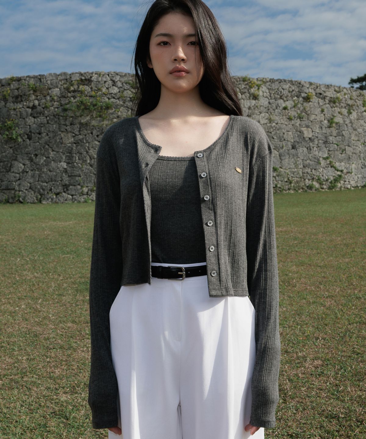 드헤베(DEHEVE) Lace Sleeveless Cardigan Set [Charcoal]