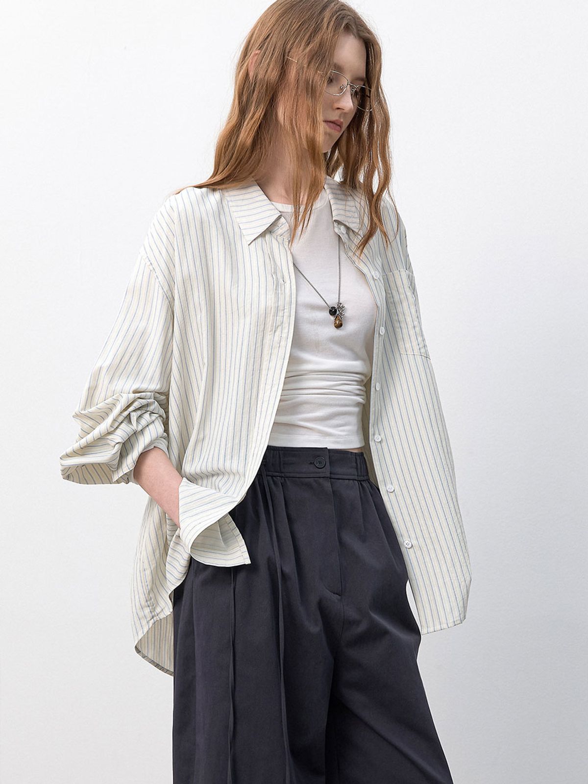 아틀리에 나인(ATELIER NAIN) DOUBLE PIN STRIPE OVERSIZED SHIRT (BL-4398)