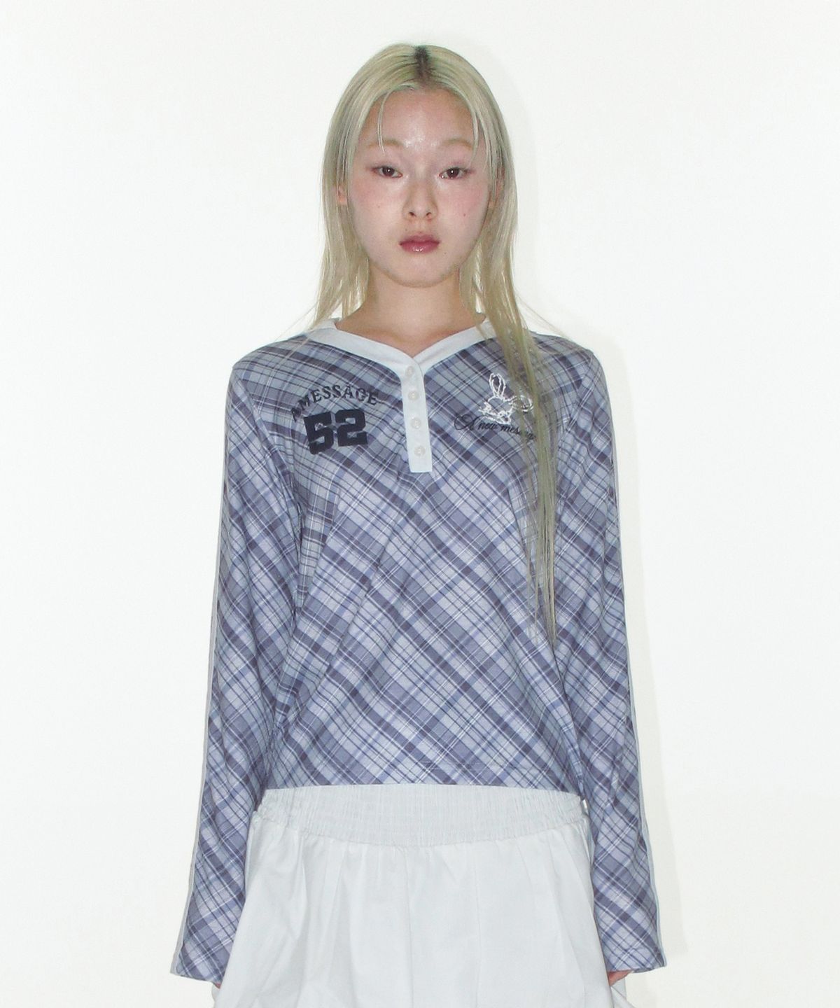 아메스 월드와이드(AMES-WORLDWIDE) CHECK V NECK COLLAR LS TEE BLUE