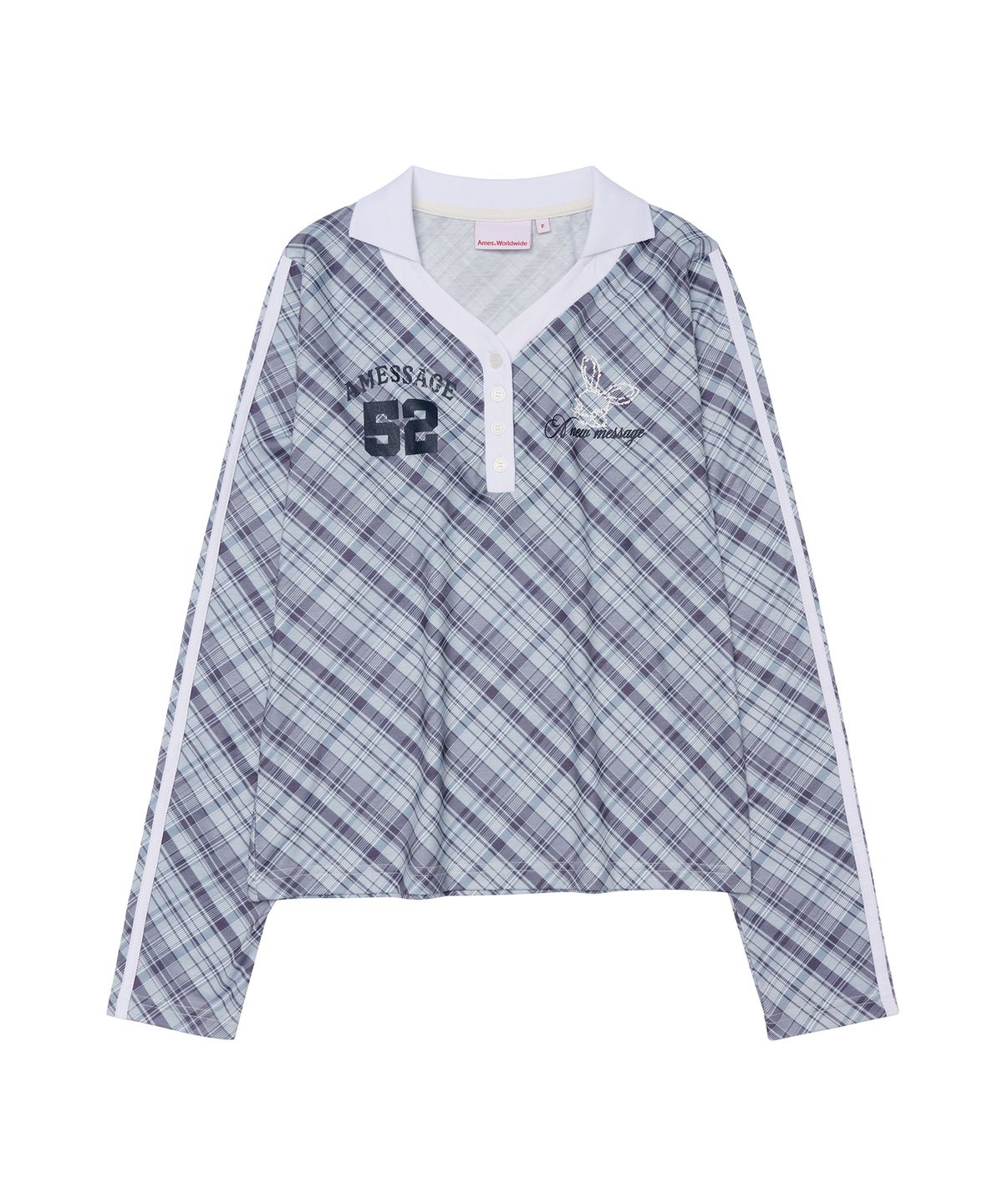 아메스 월드와이드(AMES-WORLDWIDE) CHECK V NECK COLLAR LS TEE BLUE